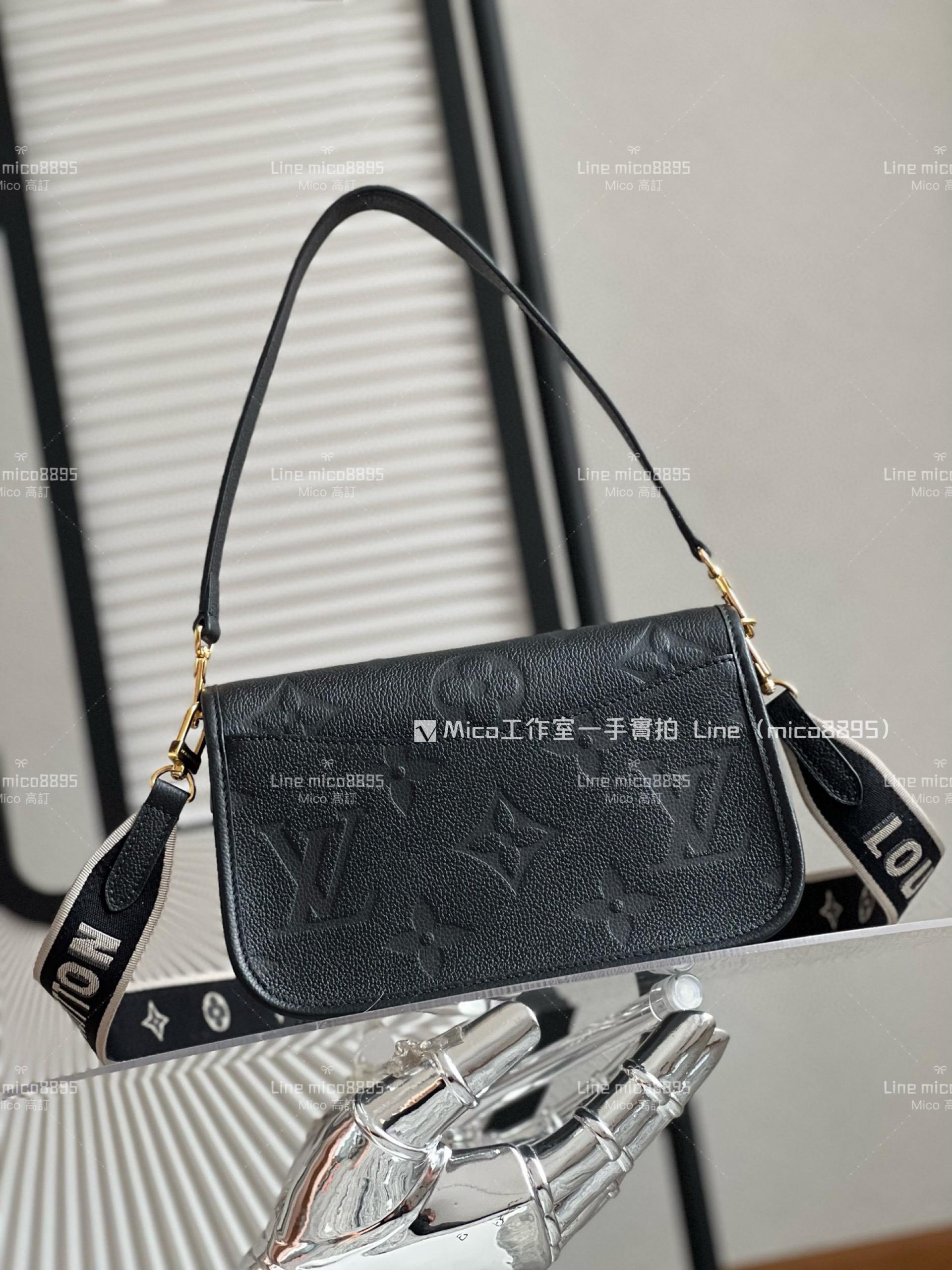 LV 黑色皮革壓紋 DIANE 手袋 M46386 壓花法棍包 搭配寬肩帶 23cm