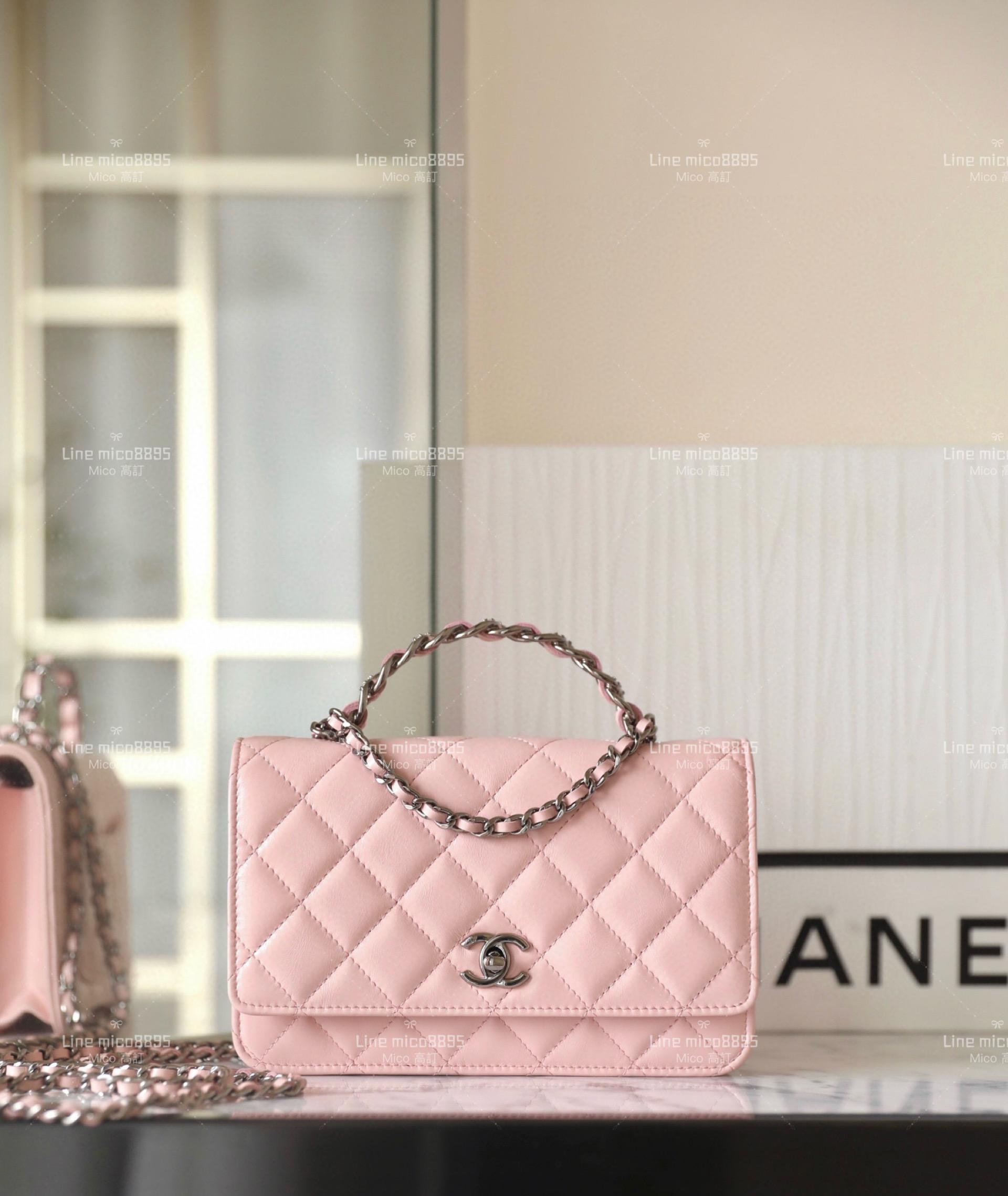 Chanel 23k 水鑽手柄 WOC 小牛皮粉色/銀釦 斜跨錢包 19cm