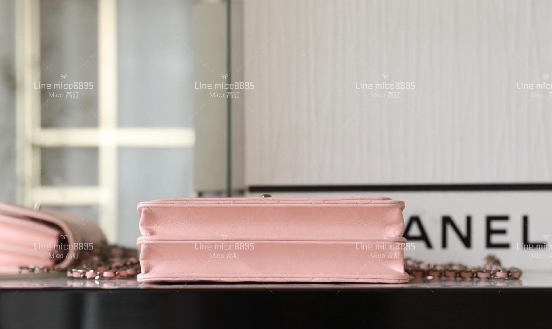 Chanel 23k 水鑽手柄 風琴包 小牛皮粉色/銀釦 斜跨包 18cm