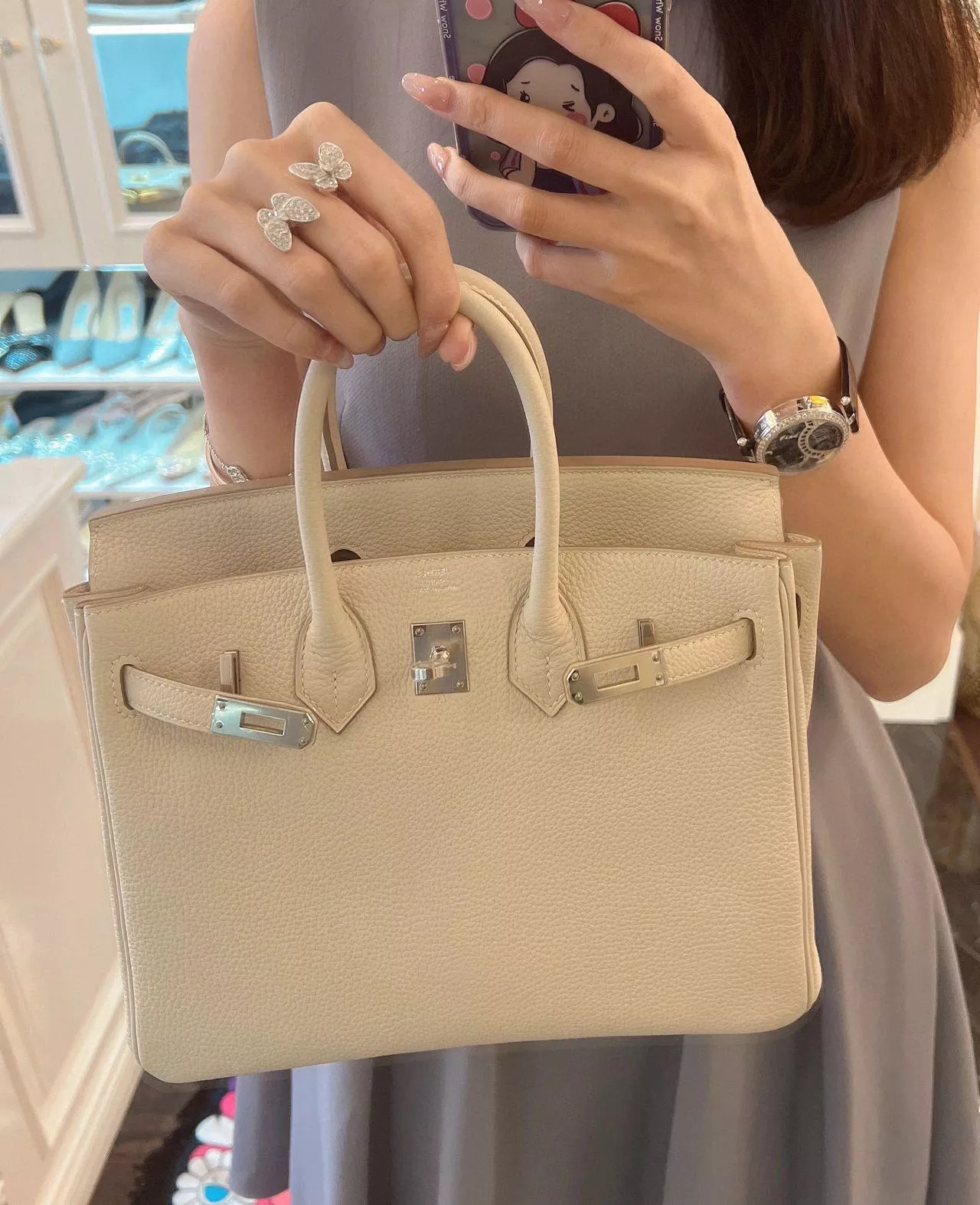 HERMES Birkin25 8F 奶昔白/銀釦 原廠Togo皮，全手工手縫