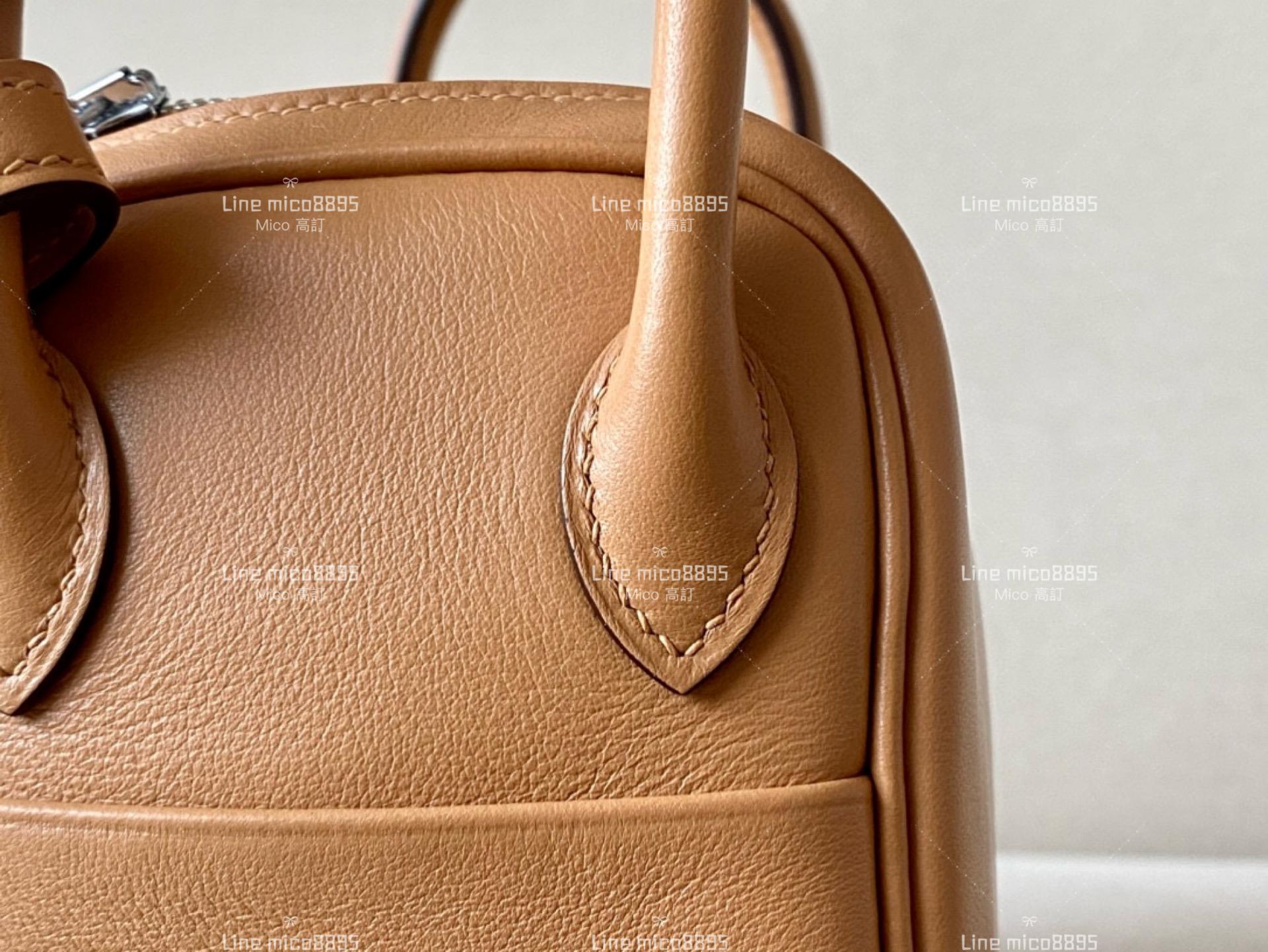 HERMES mini Lindy swift/OM奶茶色內拼X9錦葵紫/銀扣，全手工手縫