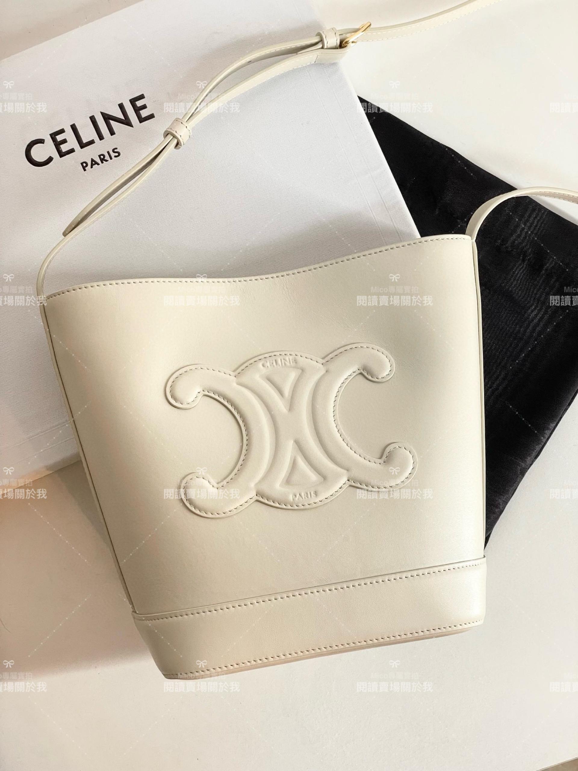 Celine 奶油白 Cuir Triomphe光滑牛皮水桶包/斜跨包 22cm