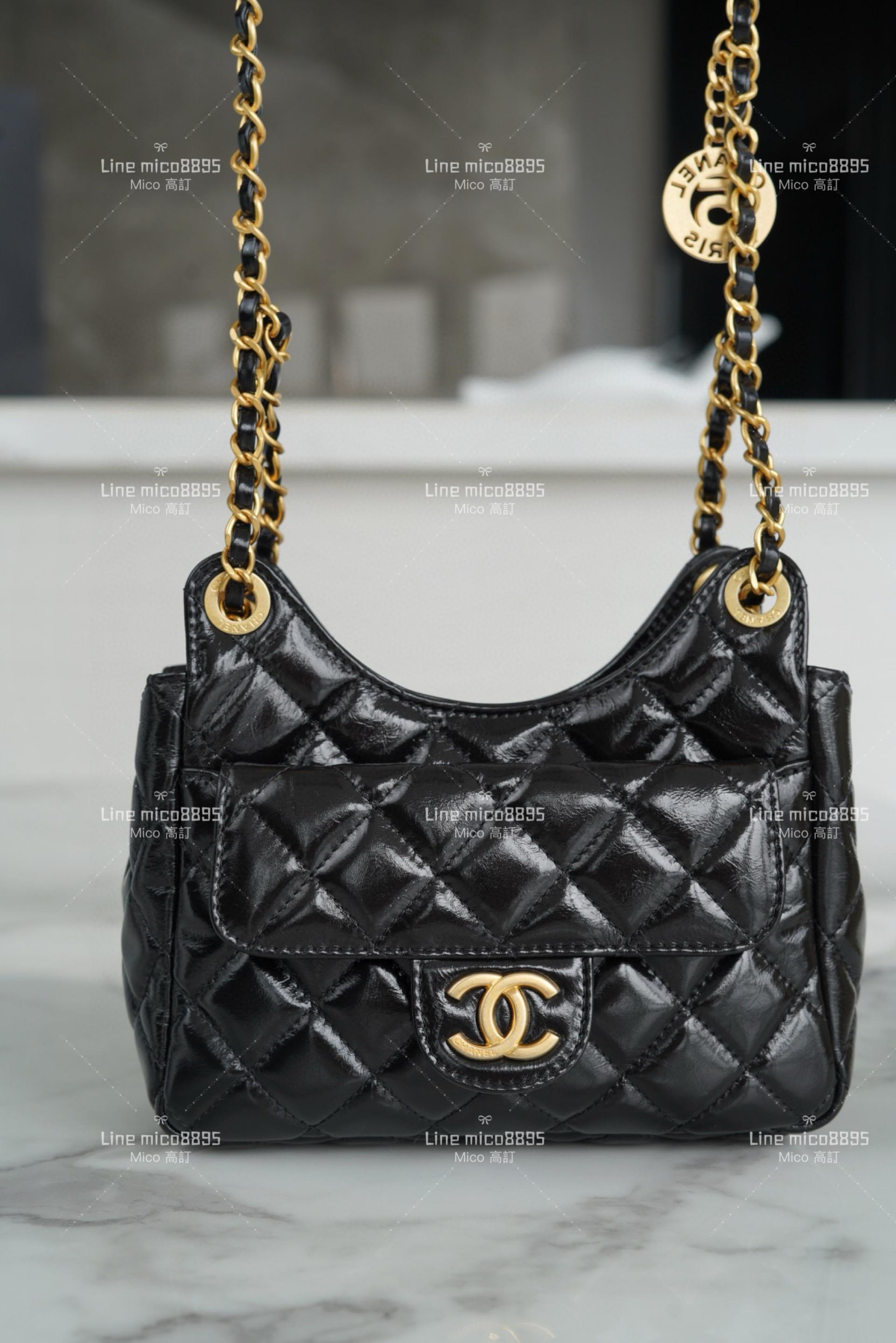 Chanel 23C早春度假系列 黑色 油蠟牛皮小號Hobo流浪包19cm 天貓精靈