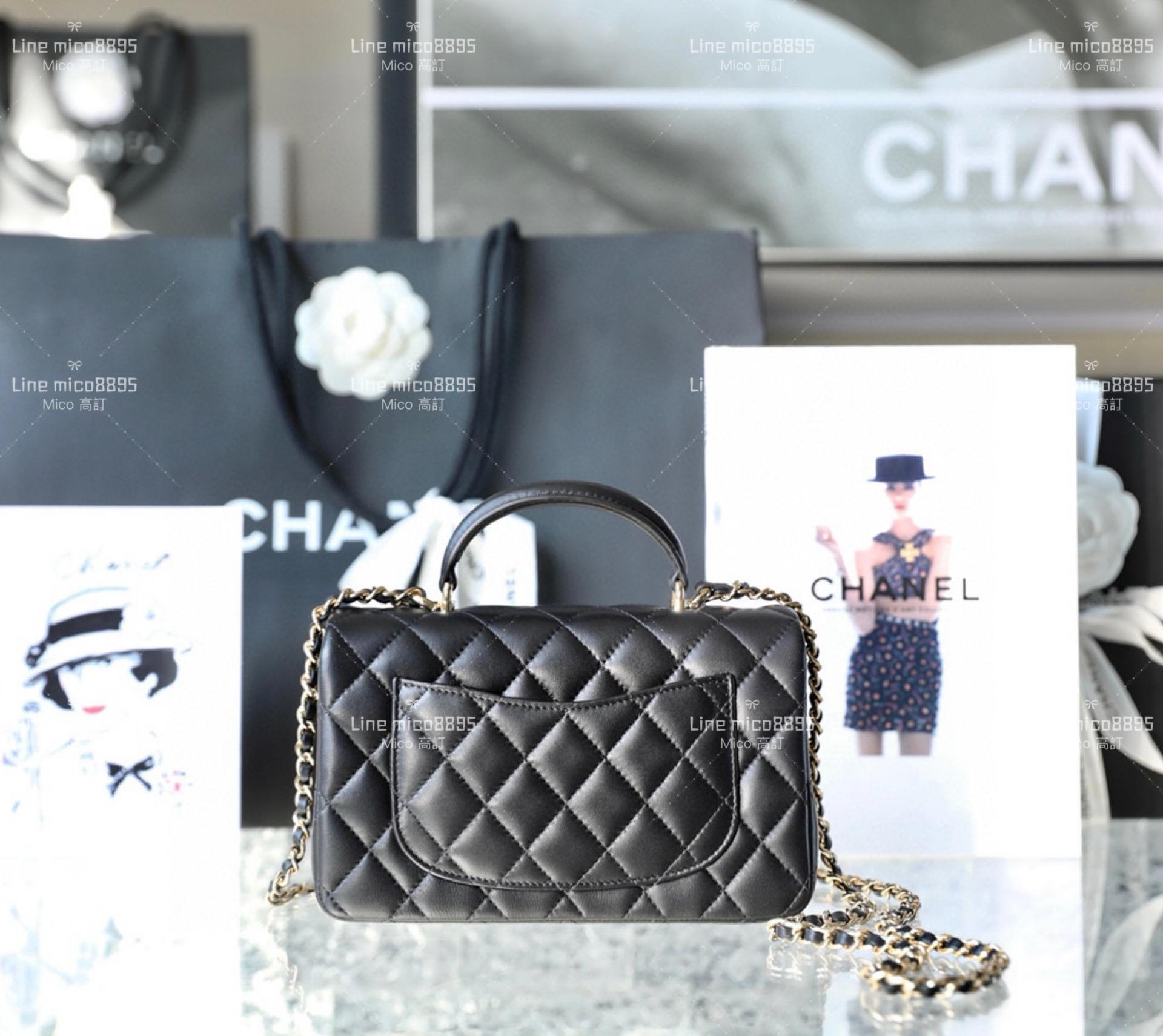 Chanel 黑色/羊皮 淡金釦 手柄口蓋包 𝖢𝖥羊皮大𝖬𝗂𝖭𝗂手提包 20cm