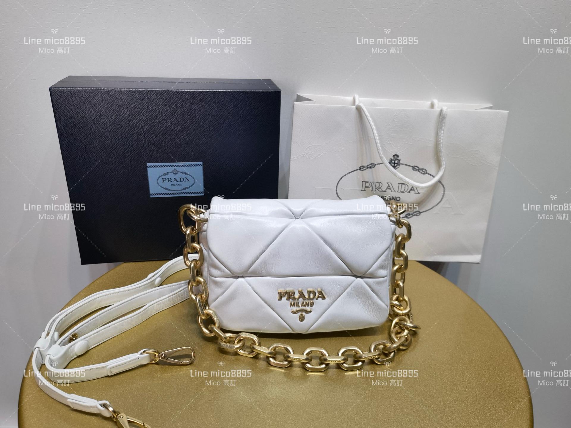 Prada 白色 羊皮拼縫單肩包/斜挎包 小號 20cm