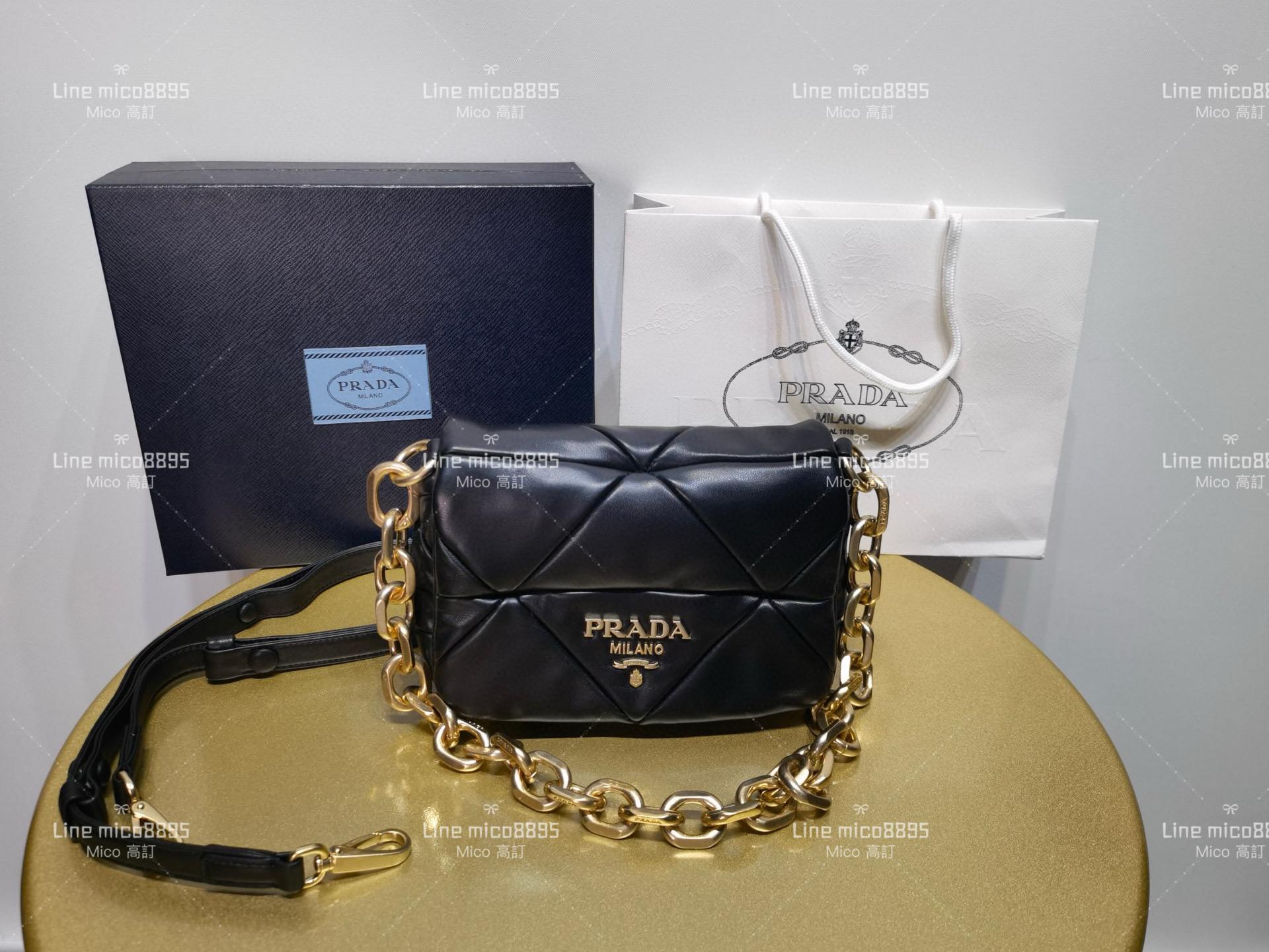 Prada 黑色 羊皮拼縫單肩包/斜挎包 小號 20cm