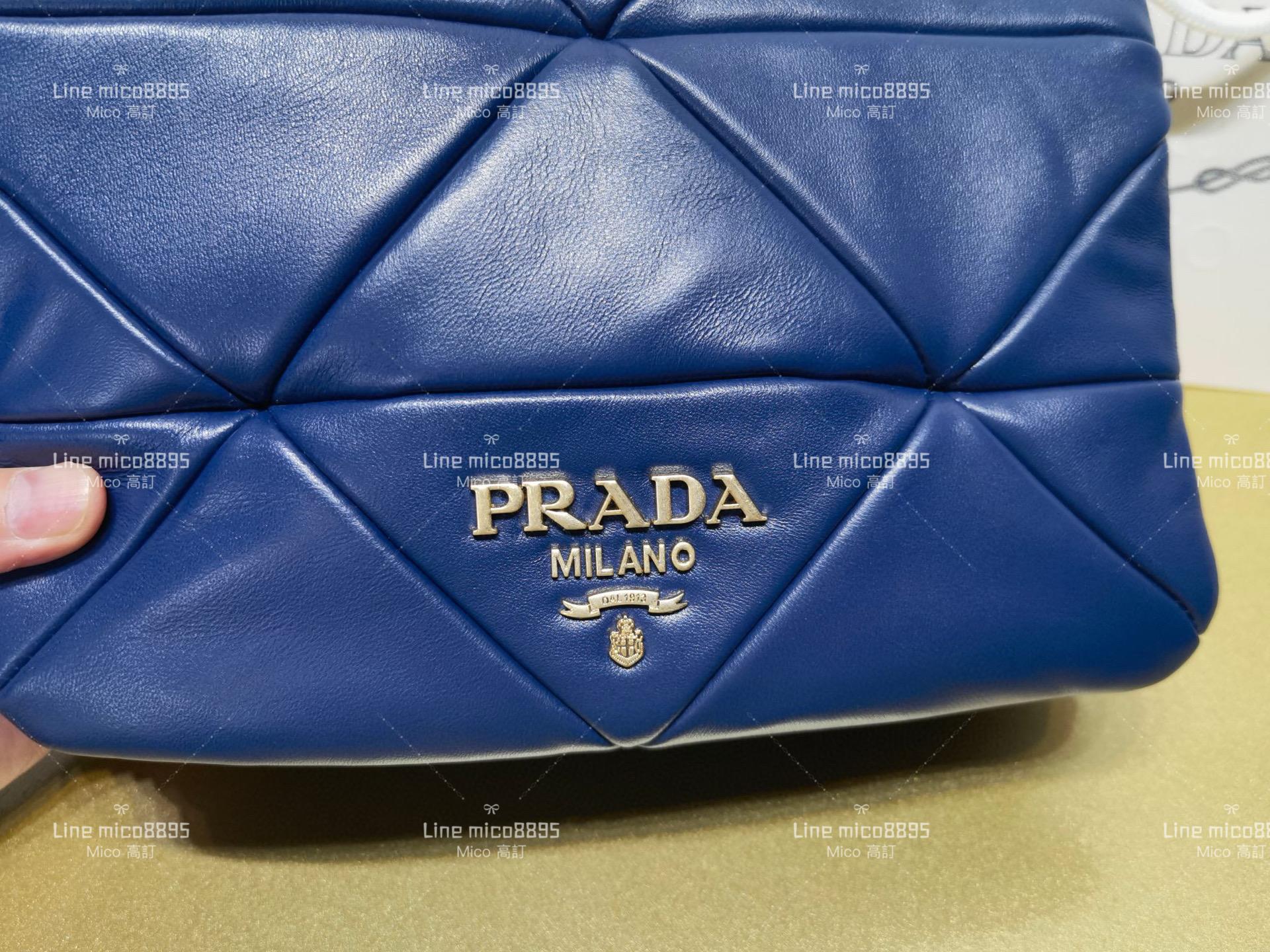 Prada 藍色 羊皮拼縫單肩包/斜挎包 大號 24cm