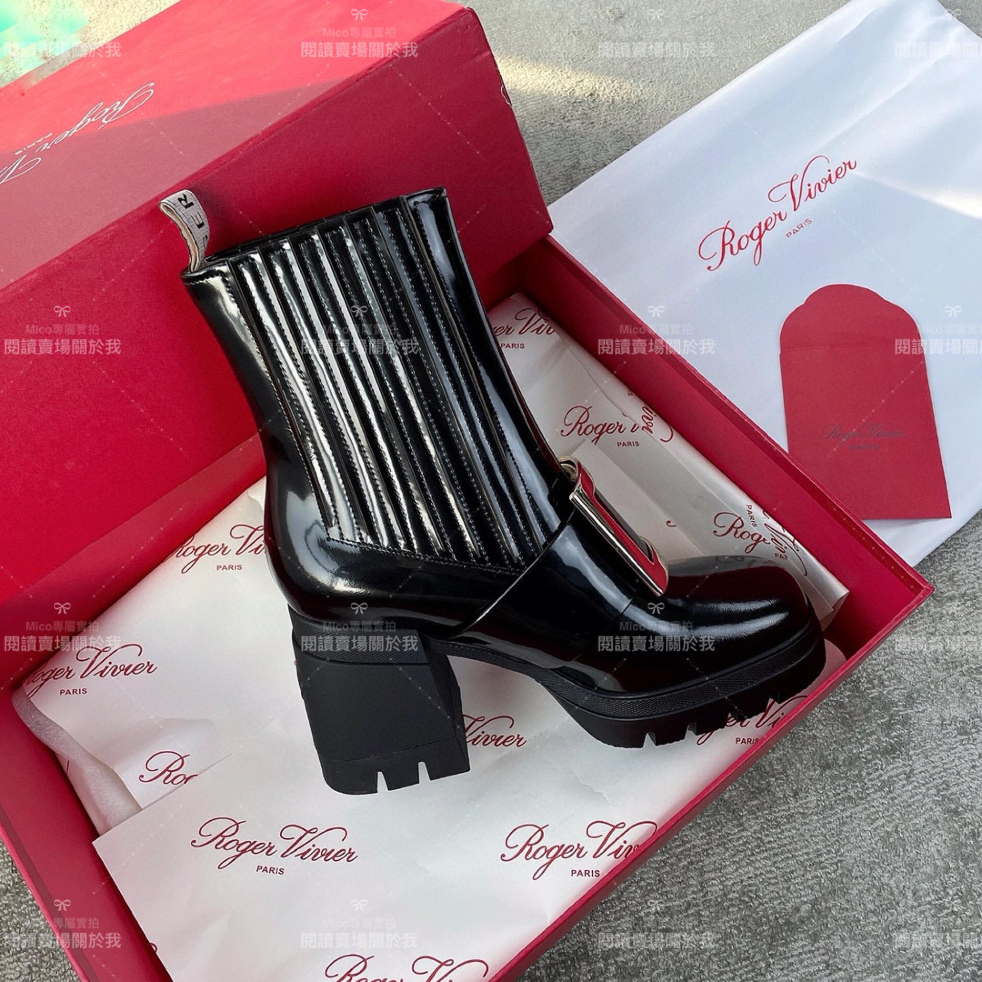 Roger Vivier | RV 防水台款 金釦漆皮高跟短靴 粗跟短靴 9cm 35-39