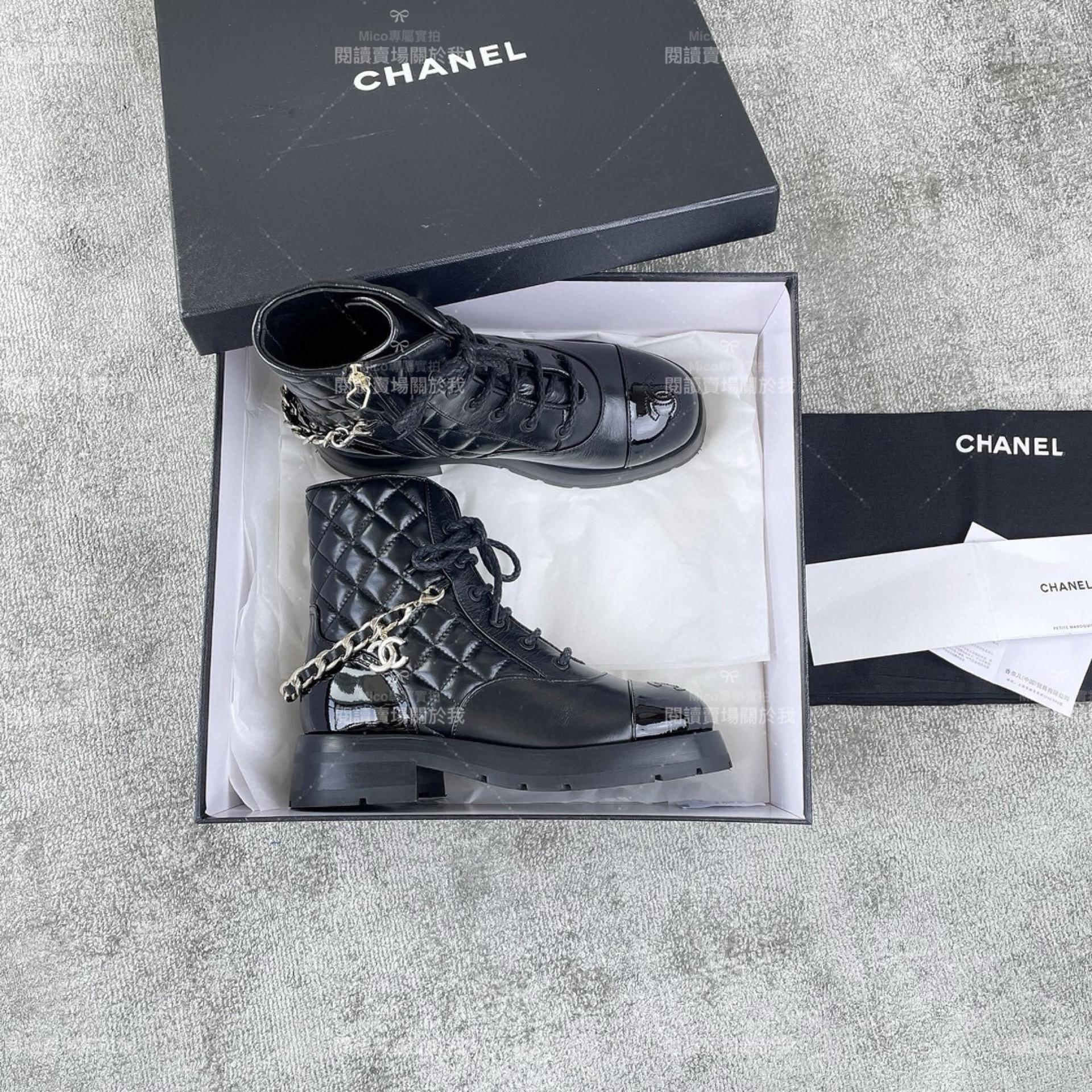 CHANEL 菱格紋 黑色鏈條牛皮革馬丁靴 短靴 35-39