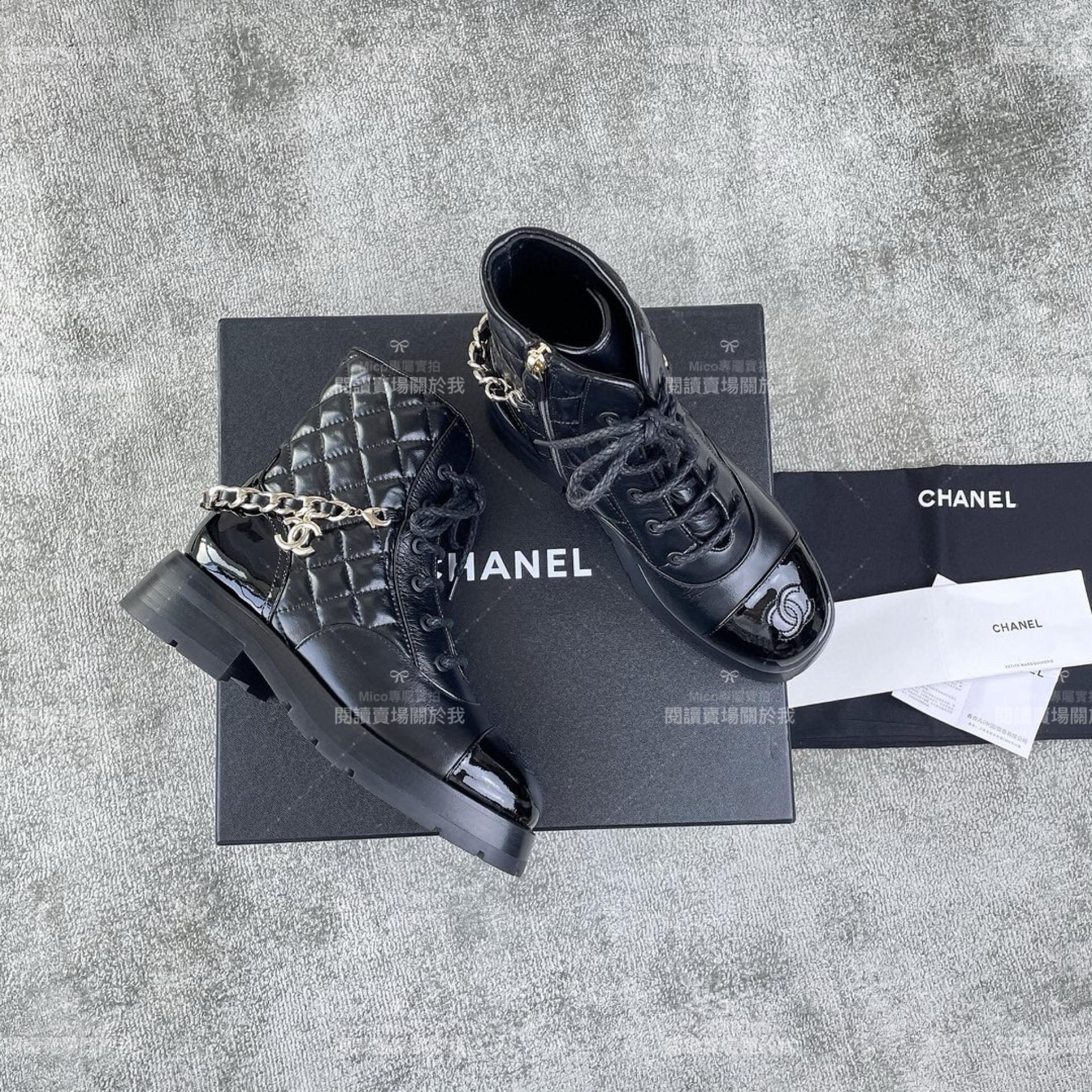 CHANEL 菱格紋 黑色鏈條牛皮革馬丁靴 短靴 35-39