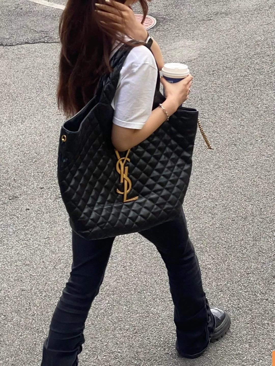 YSL 黑色小羊皮 大金屬LOGO ICARE托特包 購物袋