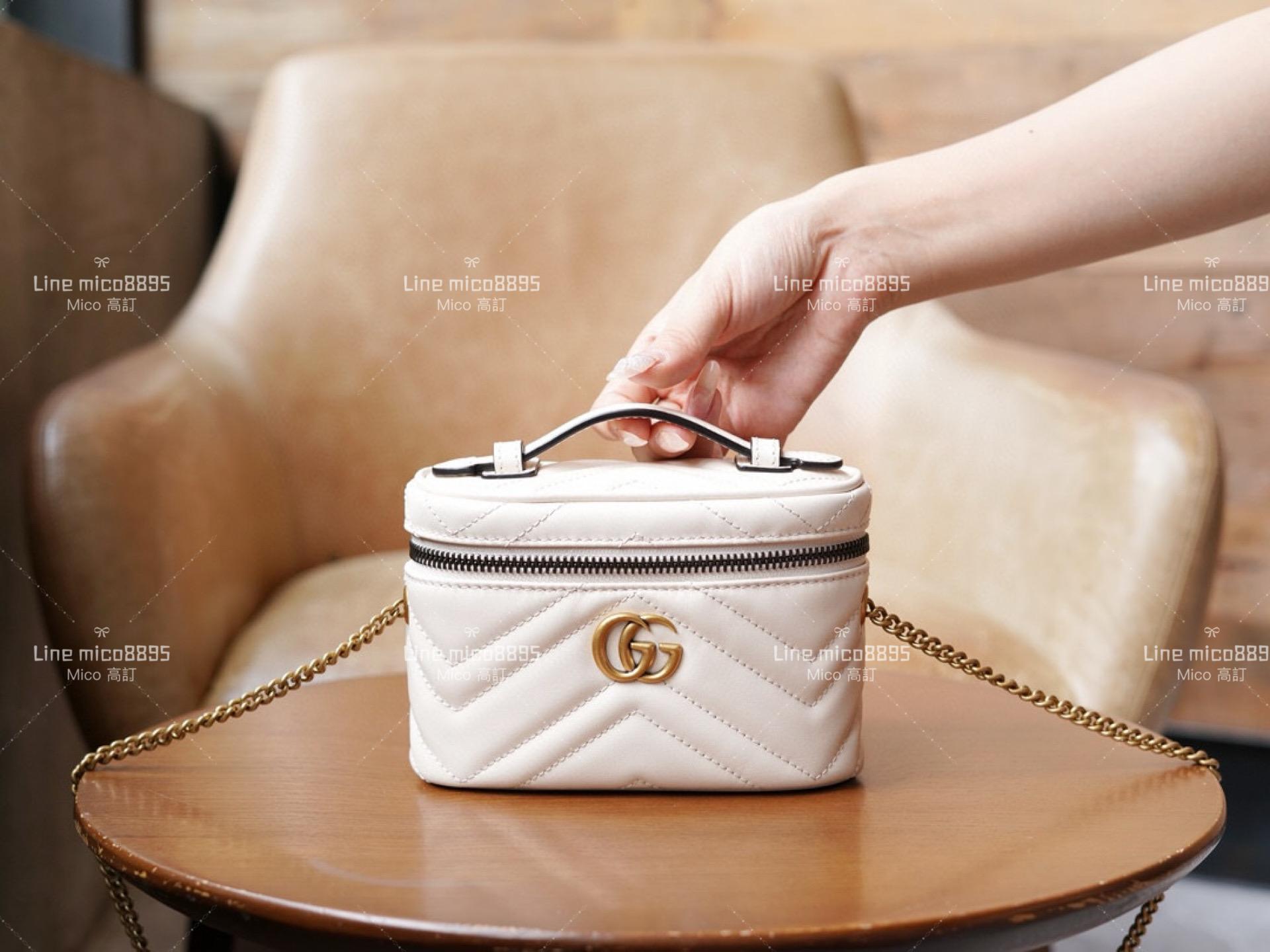 GUCCI Mormont系列 白色衍縫 迷你斜跨盒子包 斜跨包 化妝包 16cm