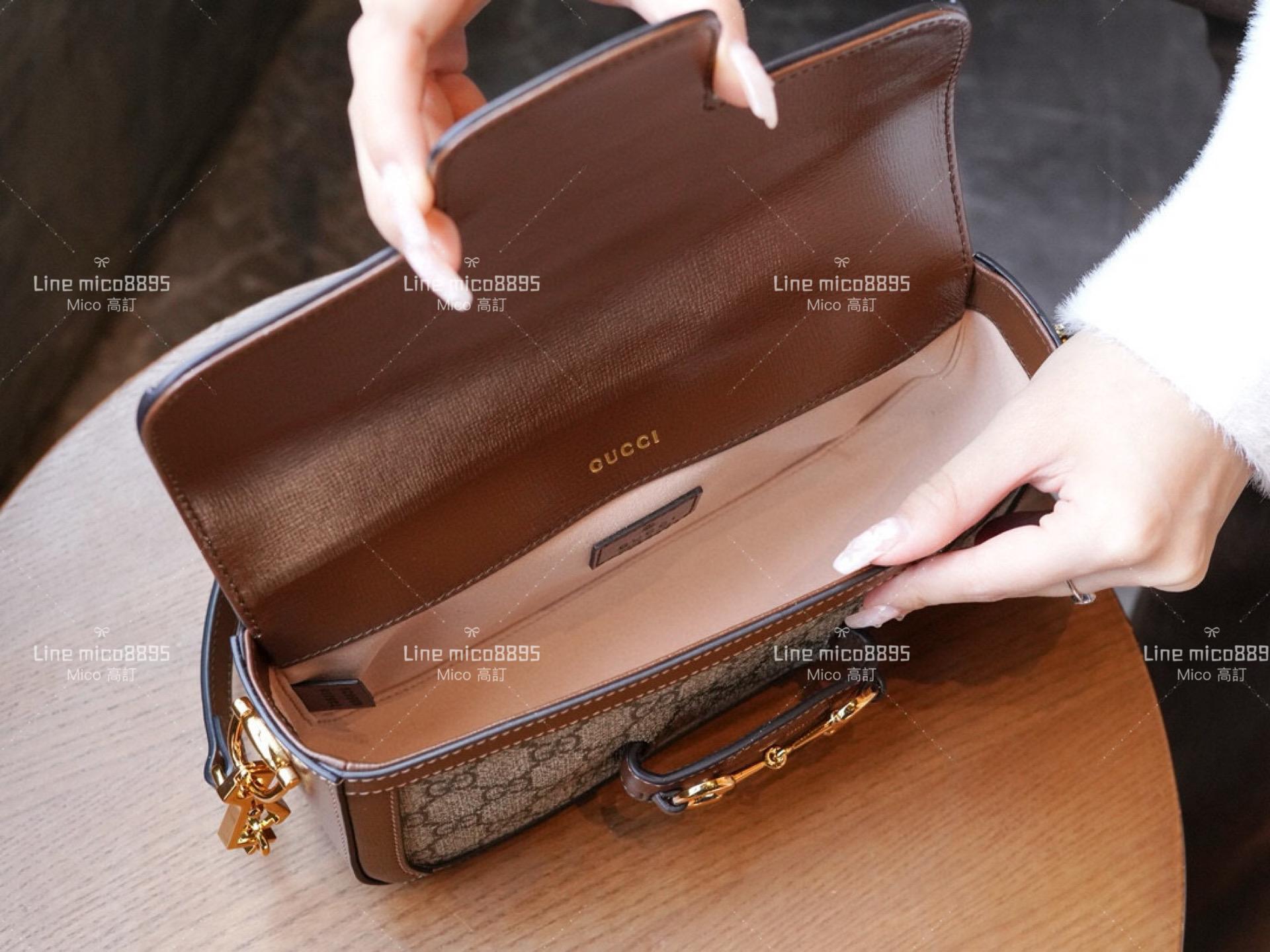 GUCCI 經典咖色老花款 Horsebit 1955系列法棍包 橫款斜跨包 鍊帶包 24cm