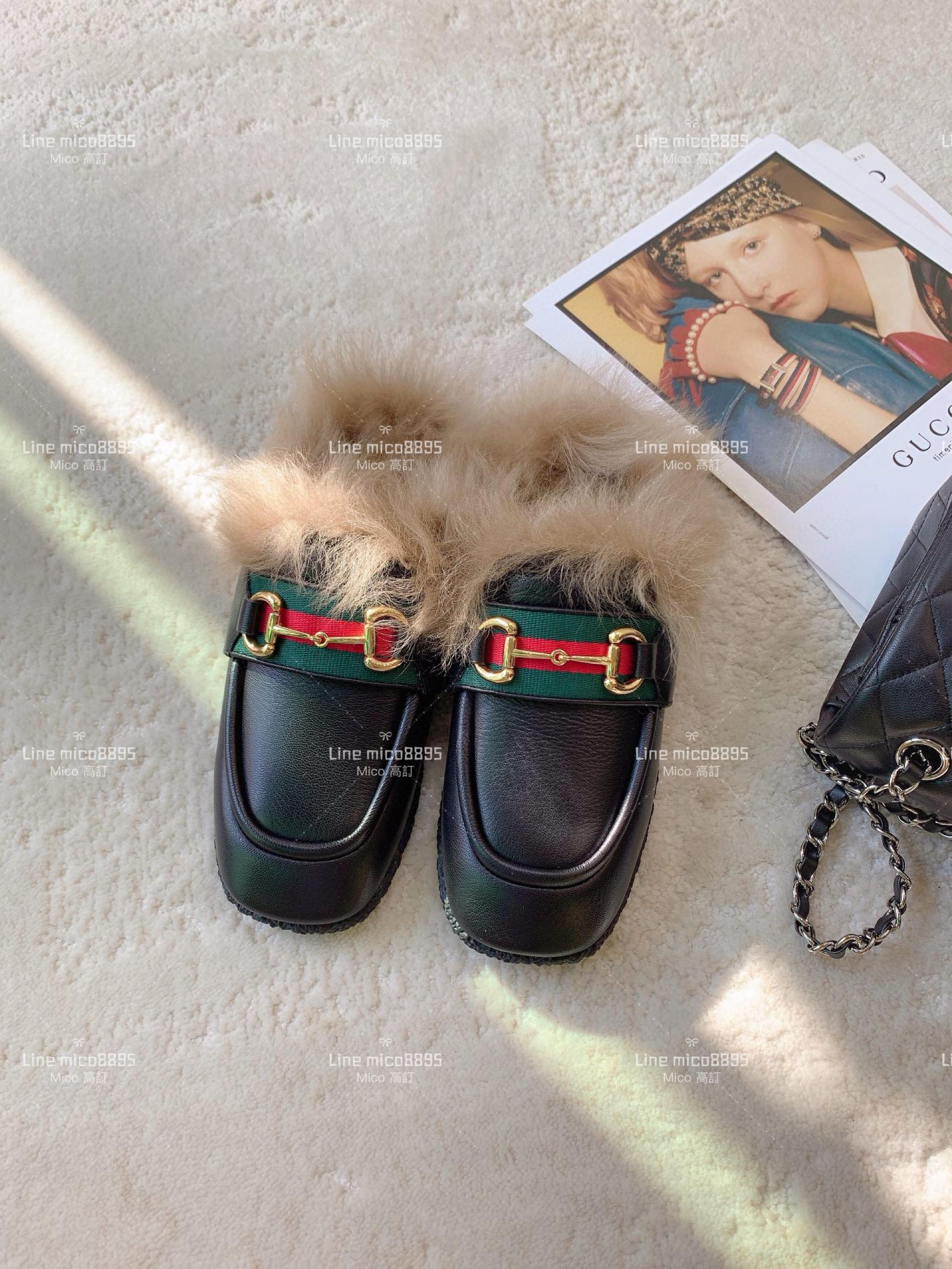 GUCCI 黑色 小方頭新款穆勒毛毛拖鞋 胖丁鞋 35-40