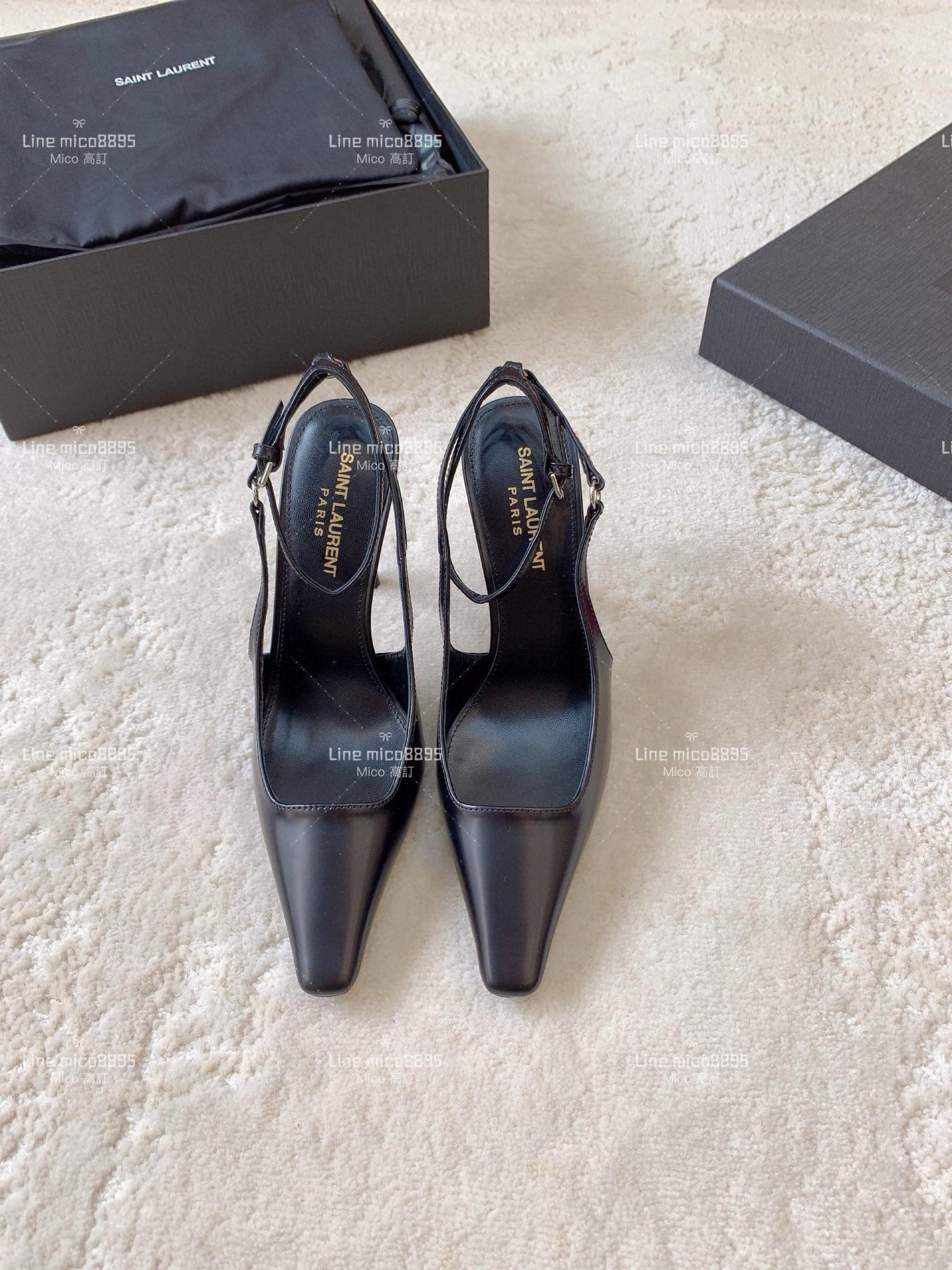 YSL Saint Laurent 黑色牛皮 方形尖頭露跟高跟鞋 11cm 35-40