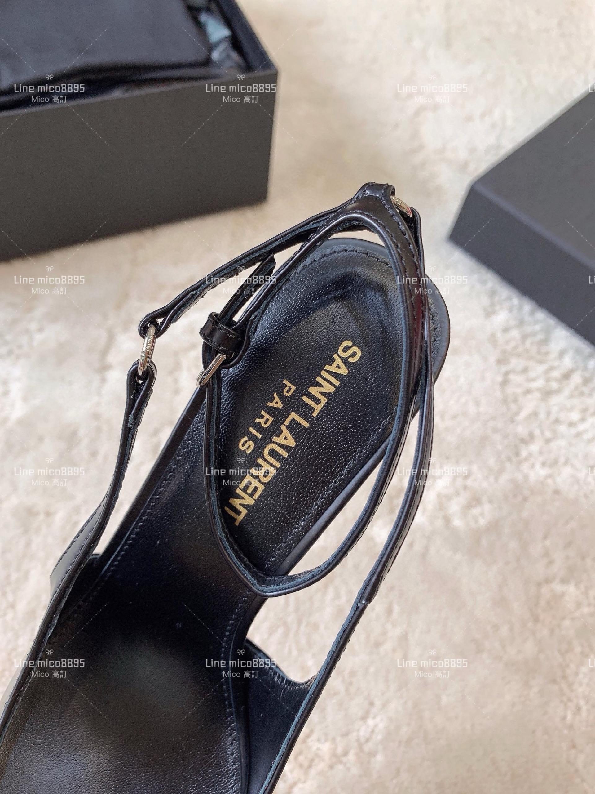 YSL Saint Laurent 黑色牛皮 方形尖頭露跟高跟鞋 11cm 35-40