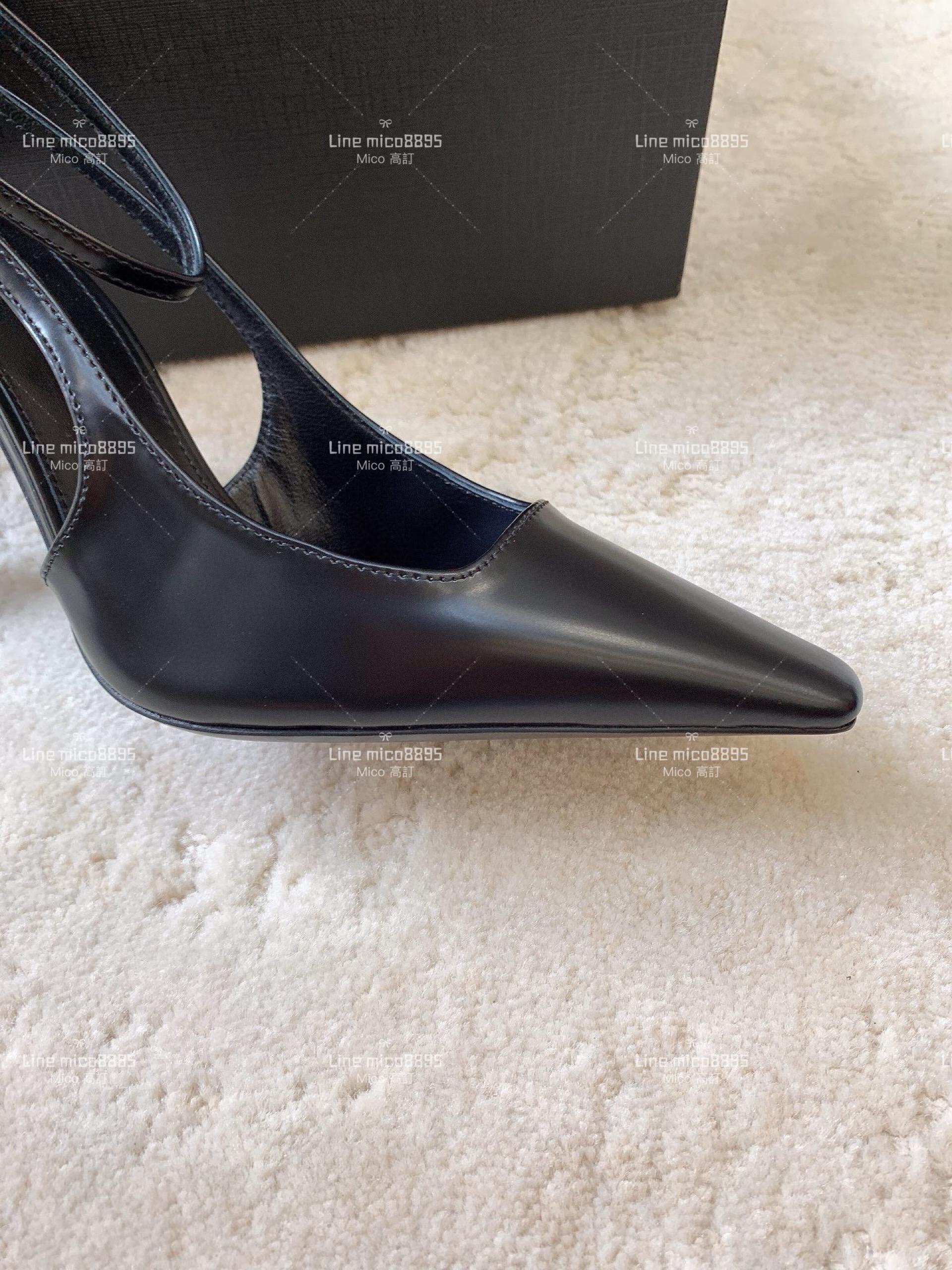 YSL Saint Laurent 黑色牛皮 方形尖頭露跟高跟鞋 11cm 35-40