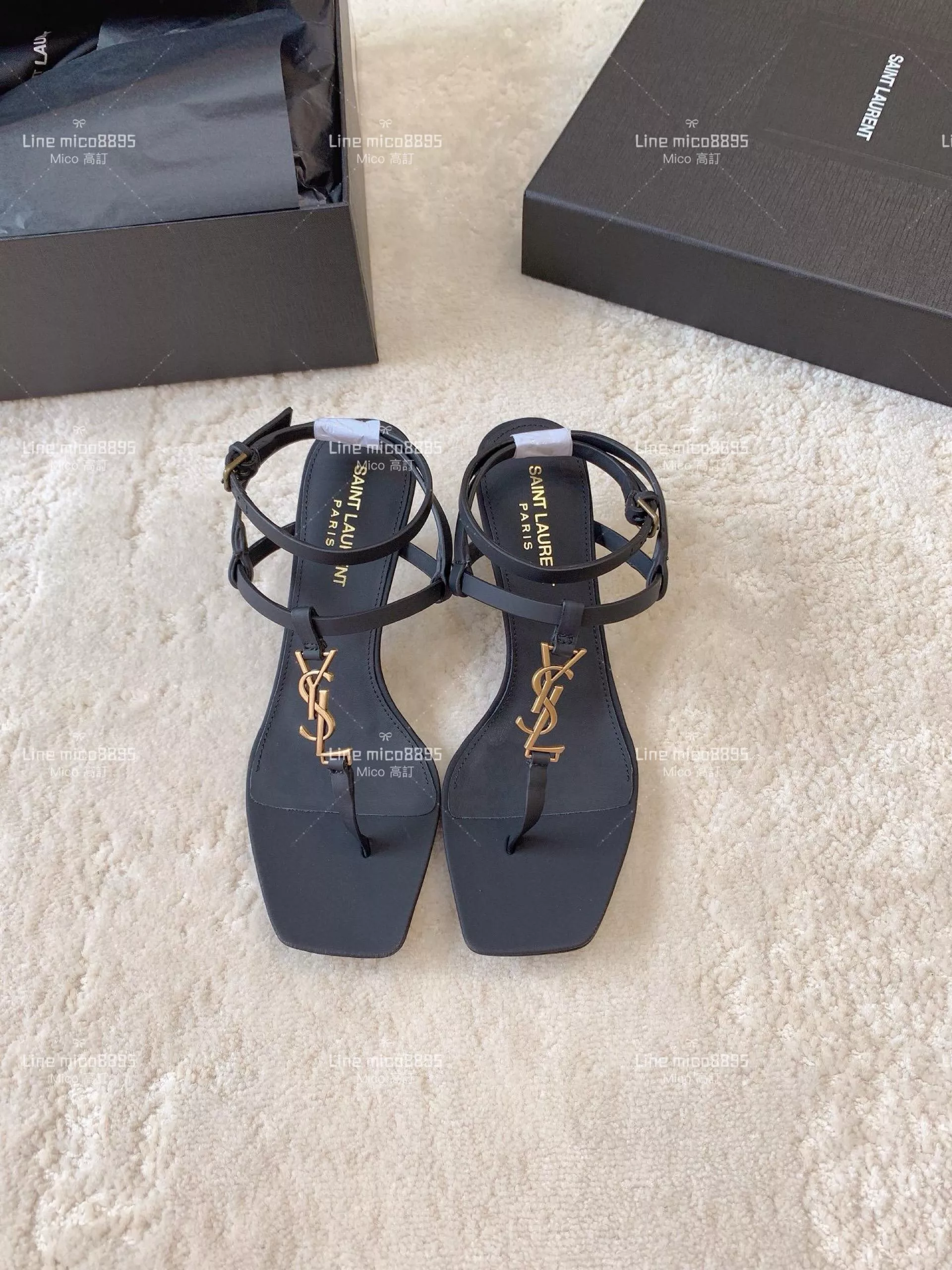 Saint Laurent YSL黑色霧面小貓跟涼鞋 經典字母Longo高跟涼鞋 6cm35-39