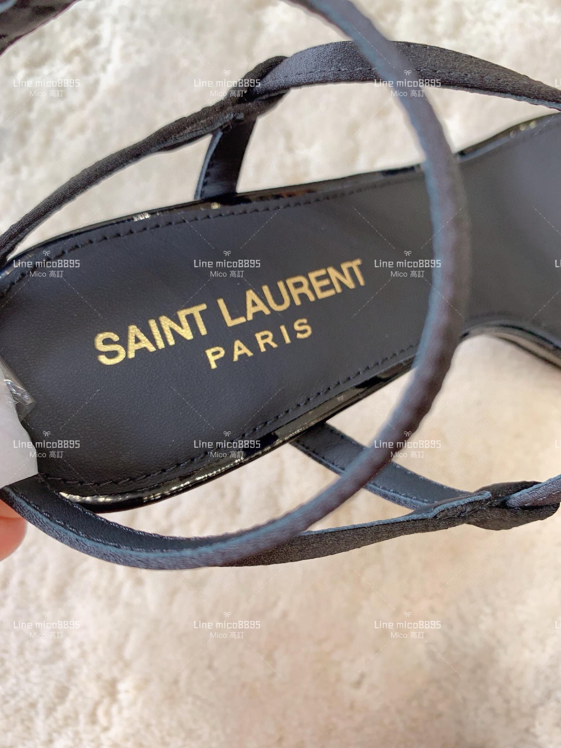 Saint Laurent YSL黑色絲面小貓跟涼鞋 經典字母Longo高跟涼鞋 6cm35-39