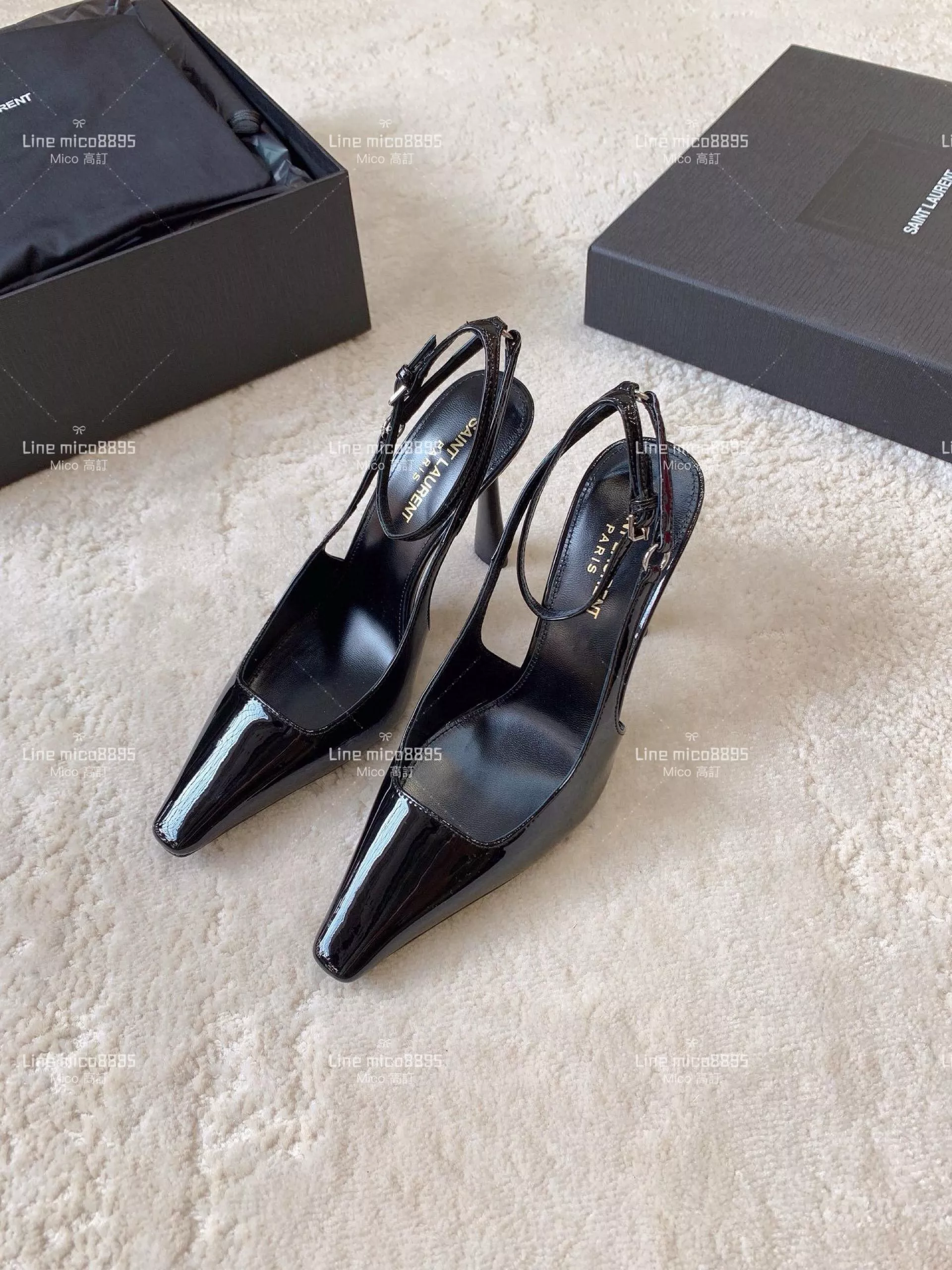 YSL Saint Laurent 黑色漆皮方形尖頭露跟高跟鞋 11cm 35-40