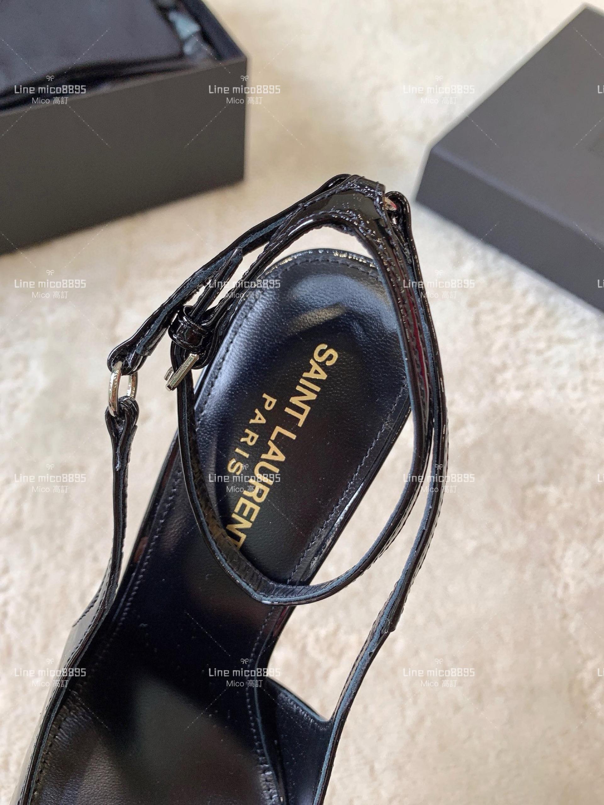 YSL Saint Laurent 黑色漆皮方形尖頭露跟高跟鞋 11cm 35-40