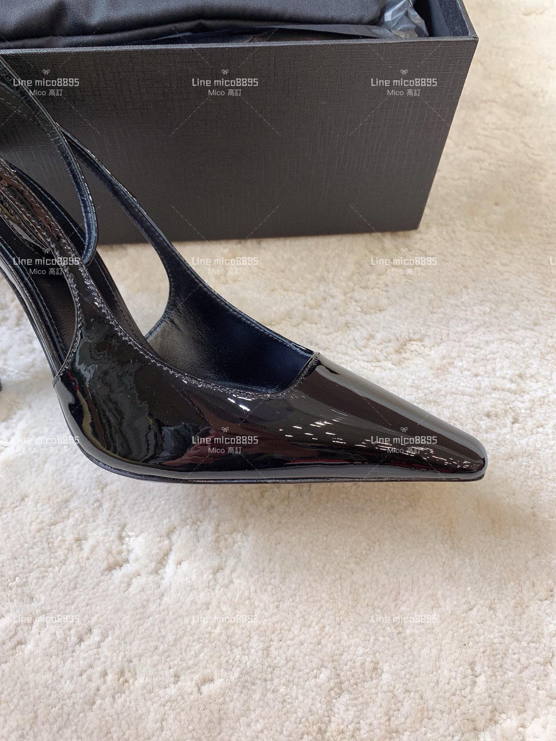 YSL Saint Laurent 黑色漆皮方形尖頭露跟高跟鞋 11cm 35-40