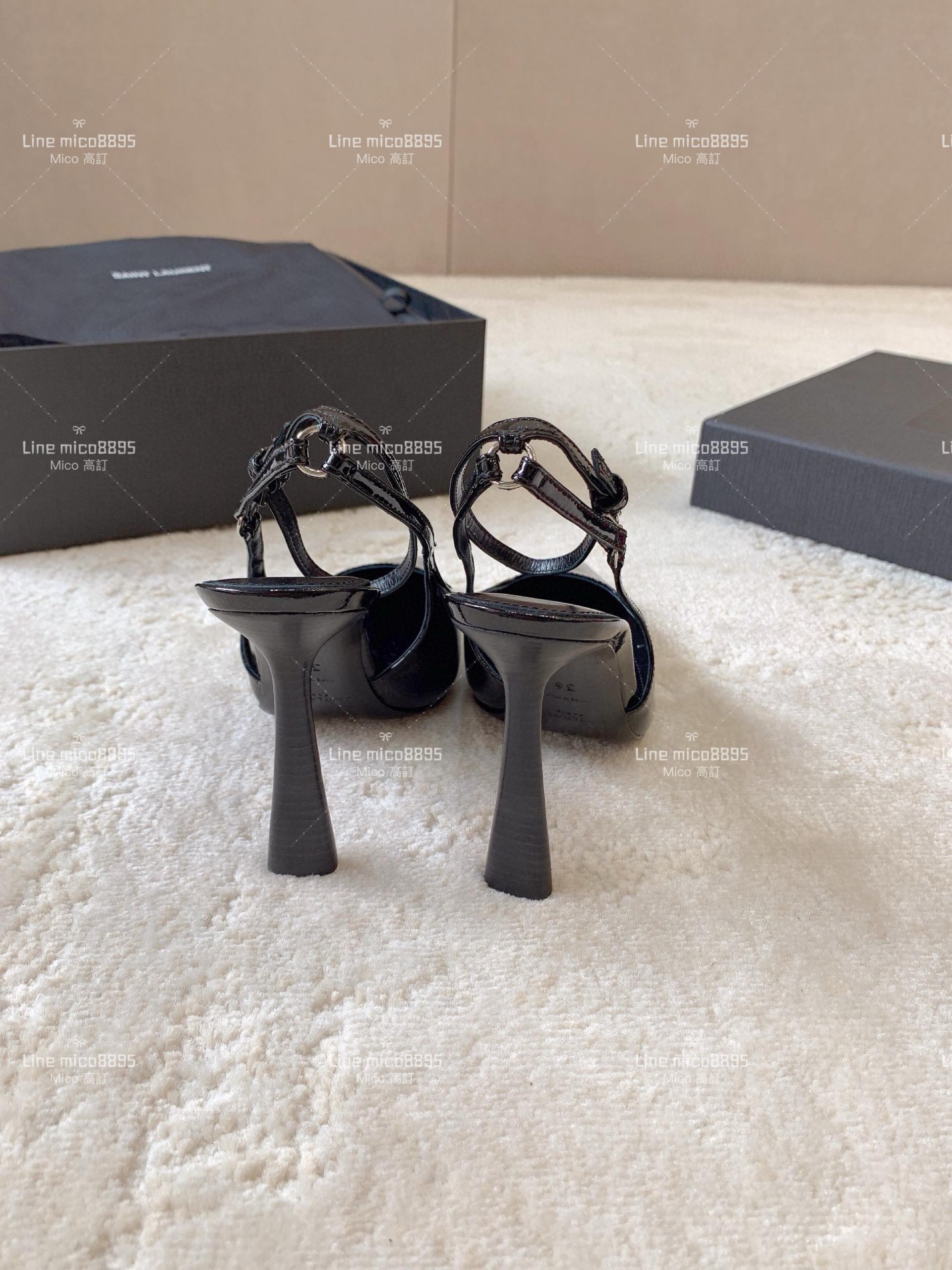 YSL Saint Laurent 黑色漆皮方形尖頭露跟高跟鞋 11cm 35-40