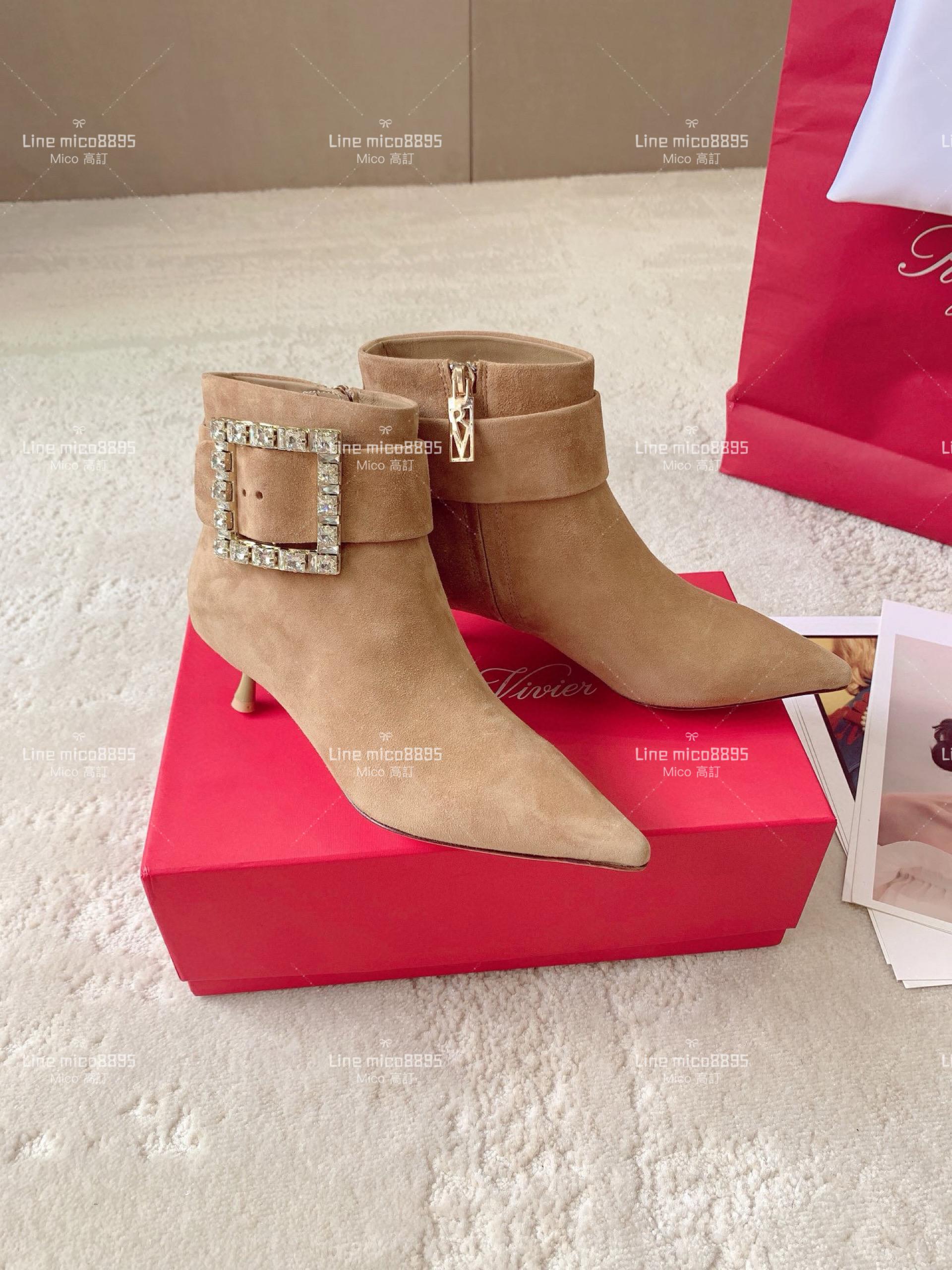 Roger vivier 秋冬新款 麂皮 水鑽高跟短靴 踝靴 4.5cm 34-39