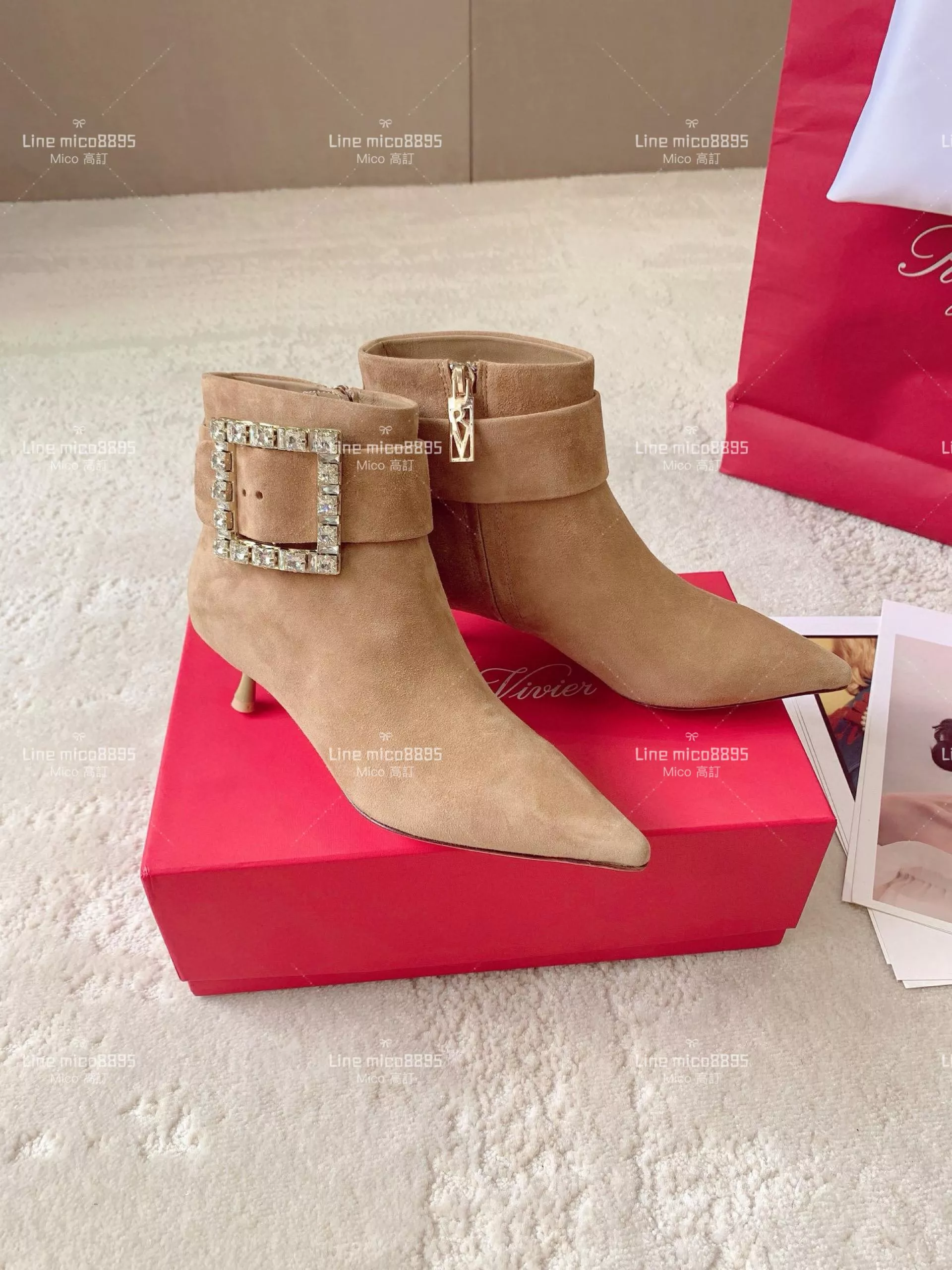 Roger vivier 秋冬新款 麂皮 水鑽高跟短靴 踝靴 4.5cm 34-39