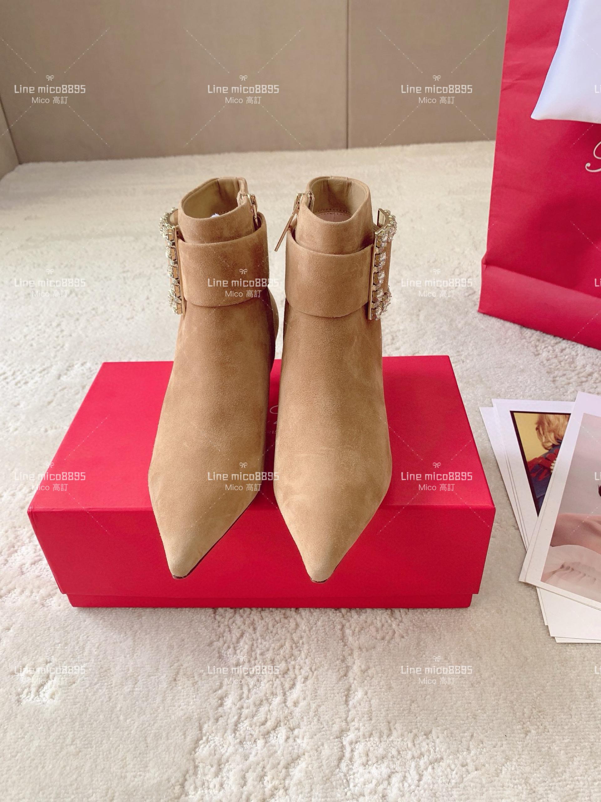 Roger vivier 秋冬新款 麂皮 水鑽高跟短靴 踝靴 4.5cm 34-39