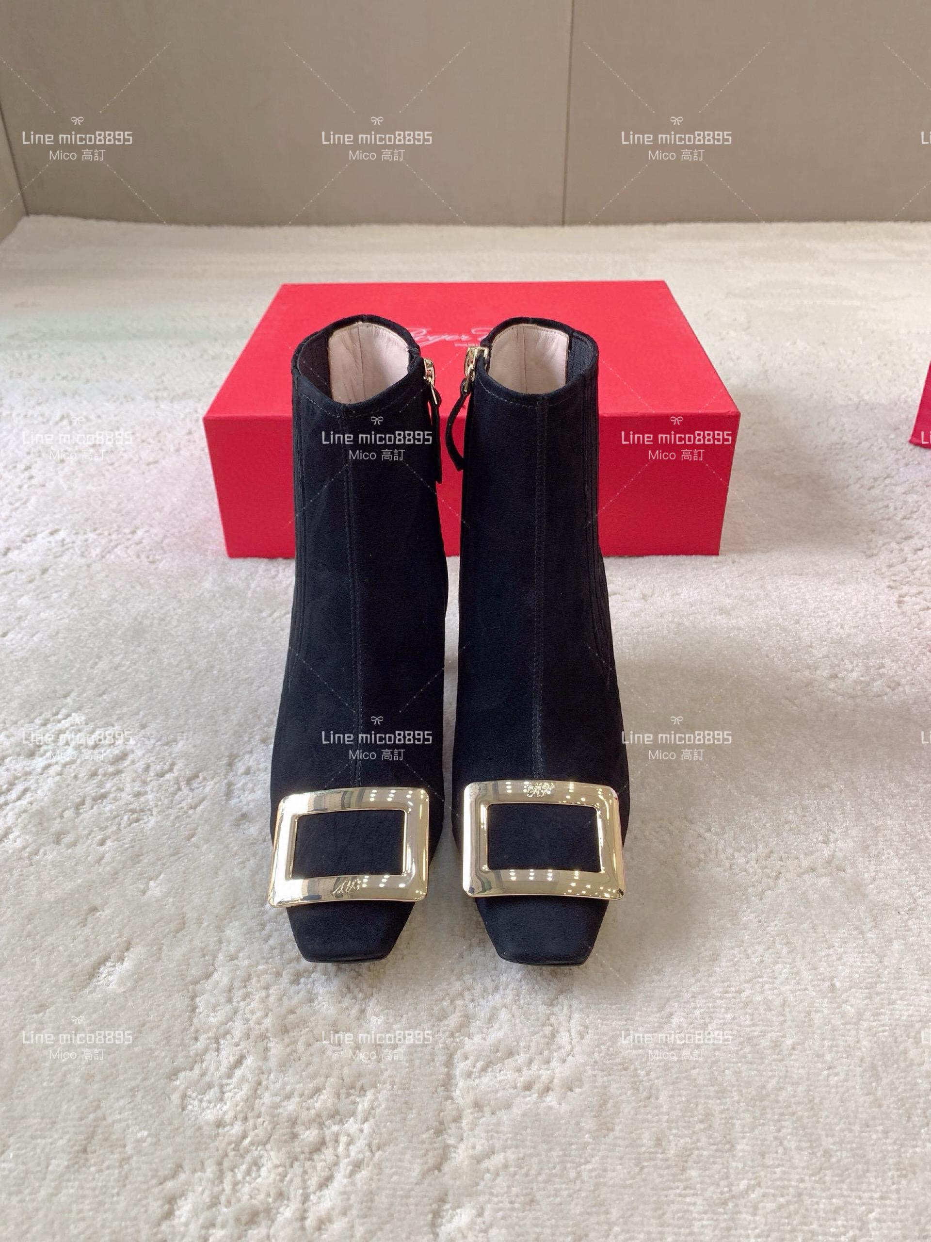 Roger Vivier | Tres vivier 麂皮黑色鞋頭方釦短靴 踝靴 8.5cm