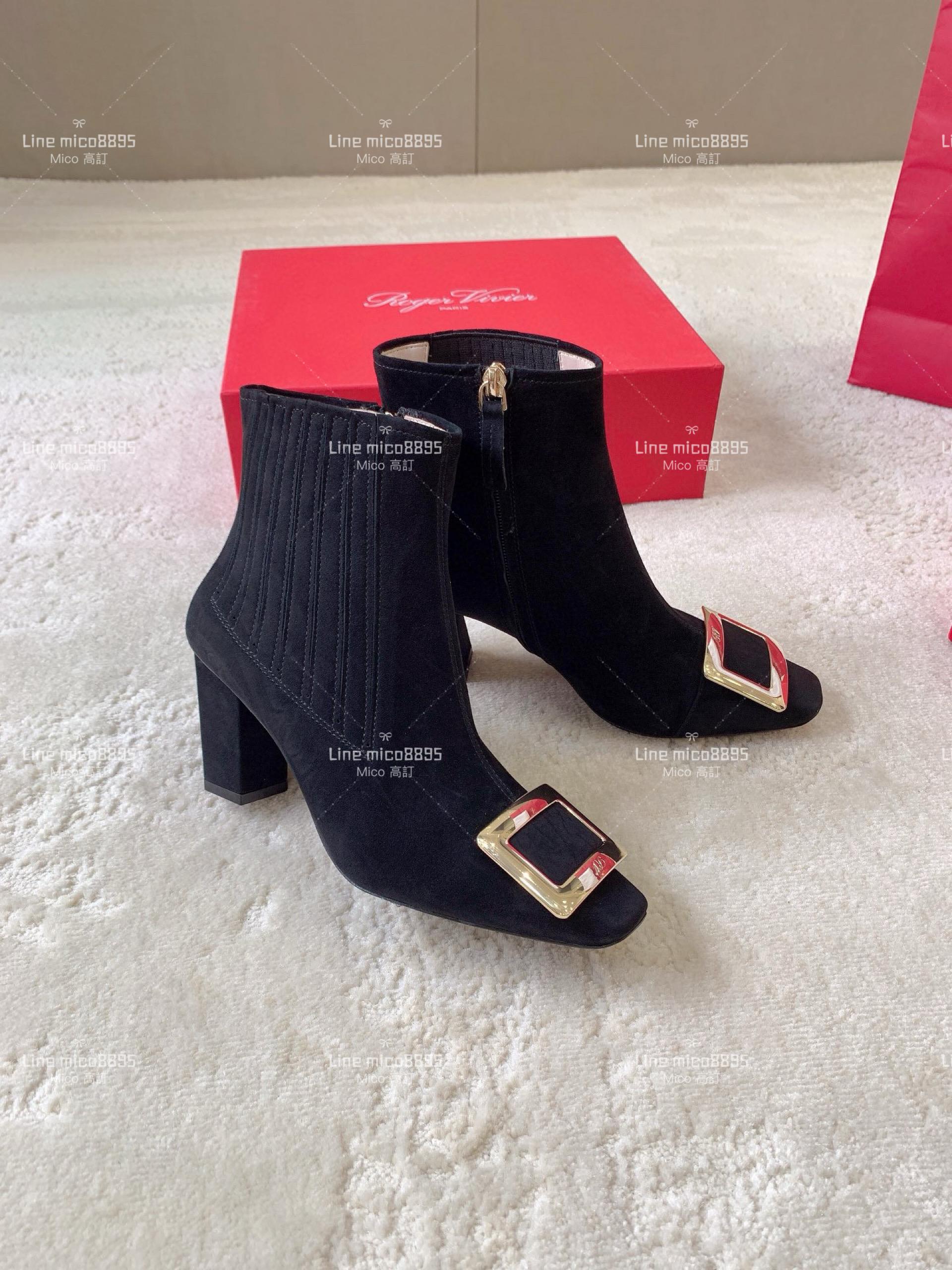 Roger Vivier | Tres vivier 麂皮黑色鞋頭方釦短靴 踝靴 8.5cm