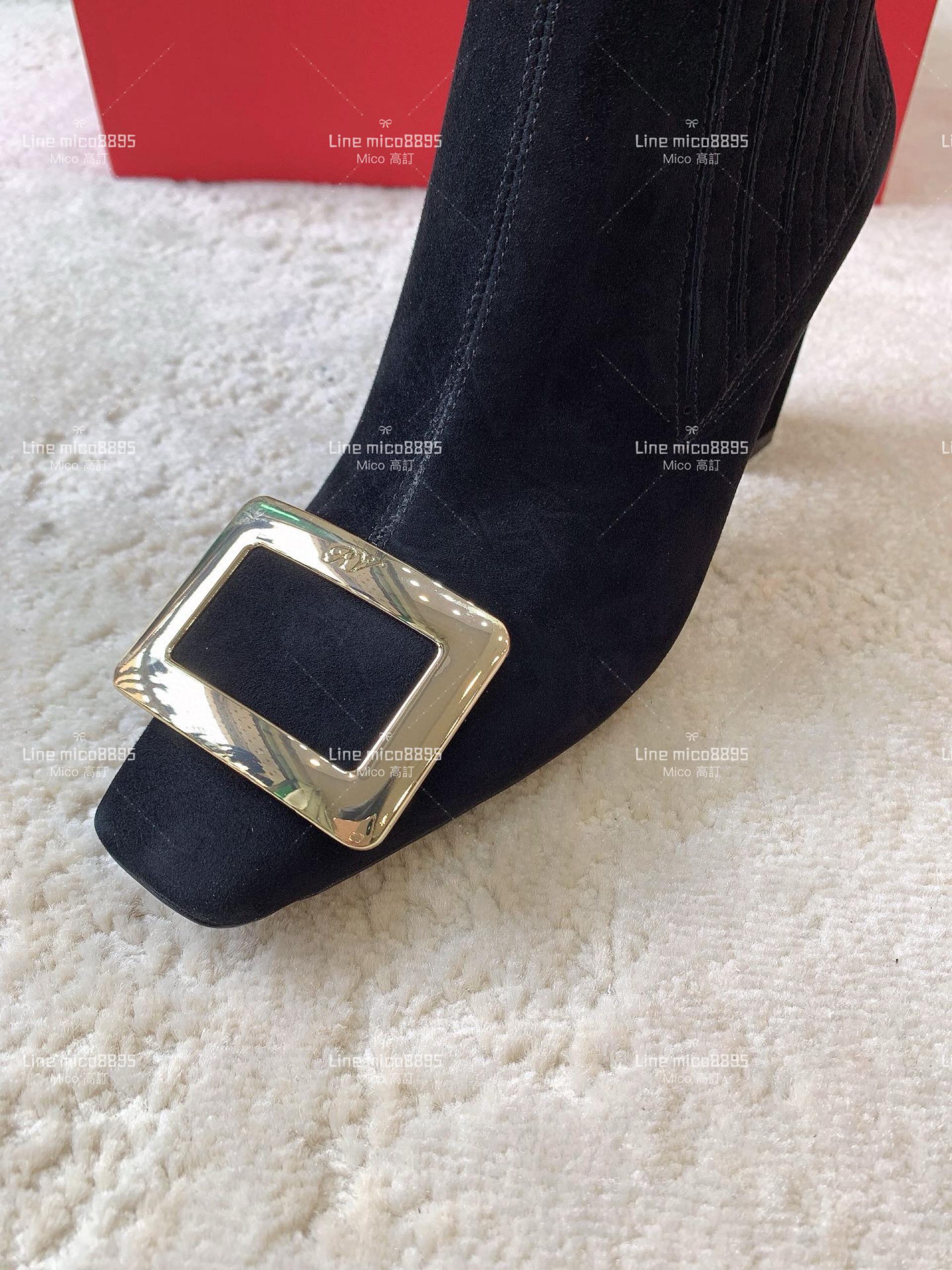 Roger Vivier | Tres vivier 麂皮黑色鞋頭方釦短靴 踝靴 8.5cm