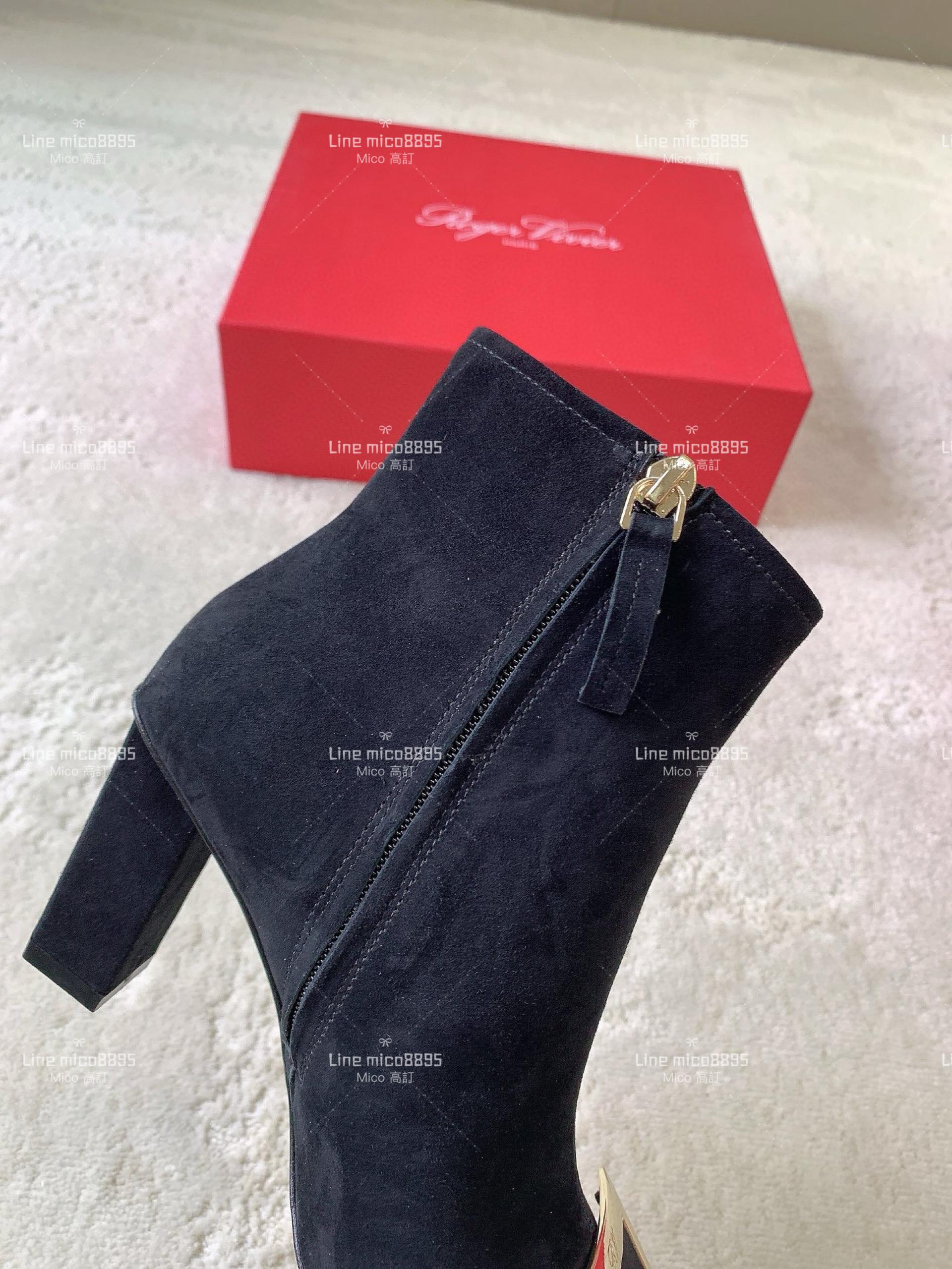 Roger Vivier | Tres vivier 麂皮黑色鞋頭方釦短靴 踝靴 8.5cm