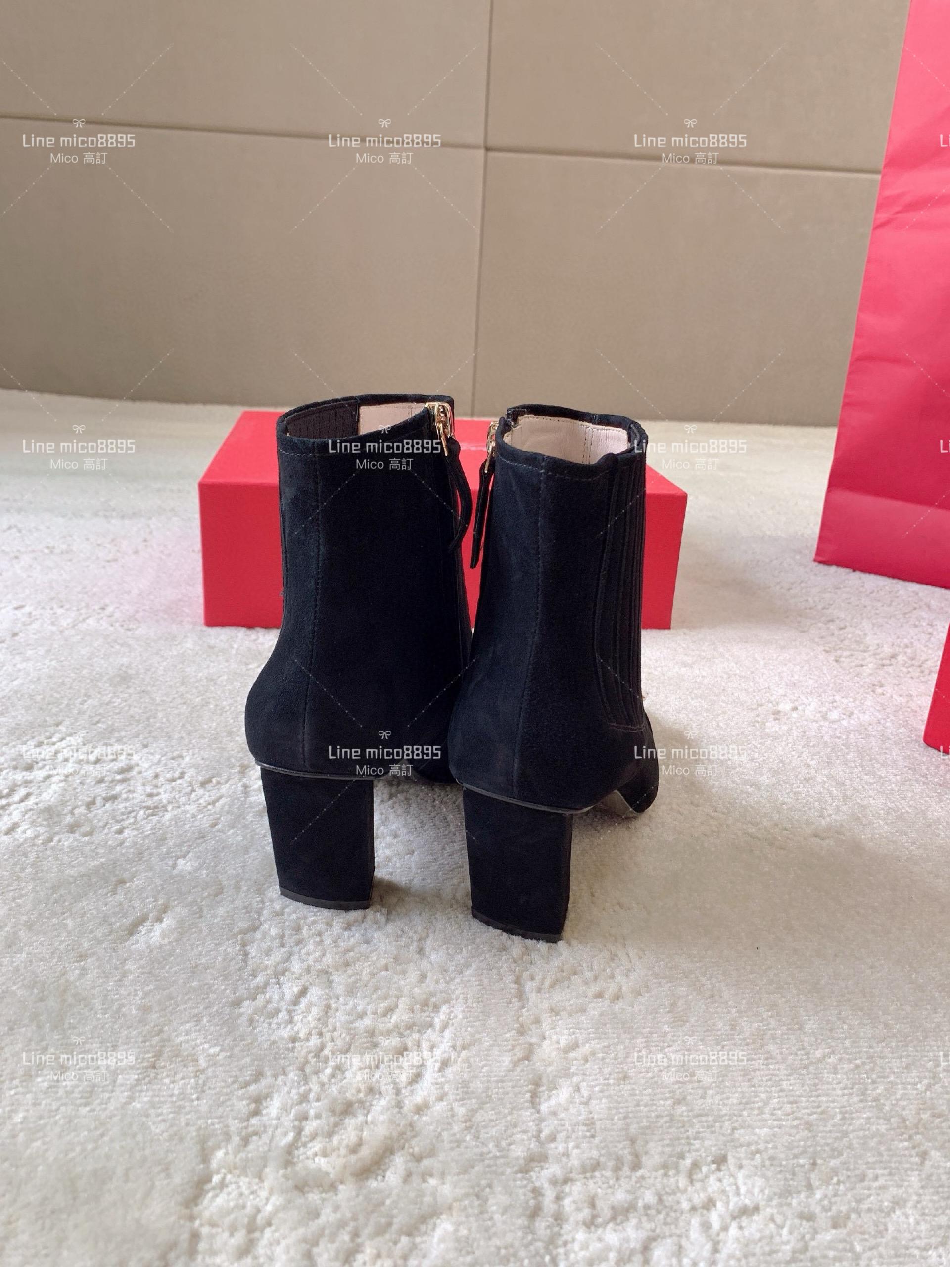 Roger Vivier | Tres vivier 麂皮黑色鞋頭方釦短靴 踝靴 8.5cm
