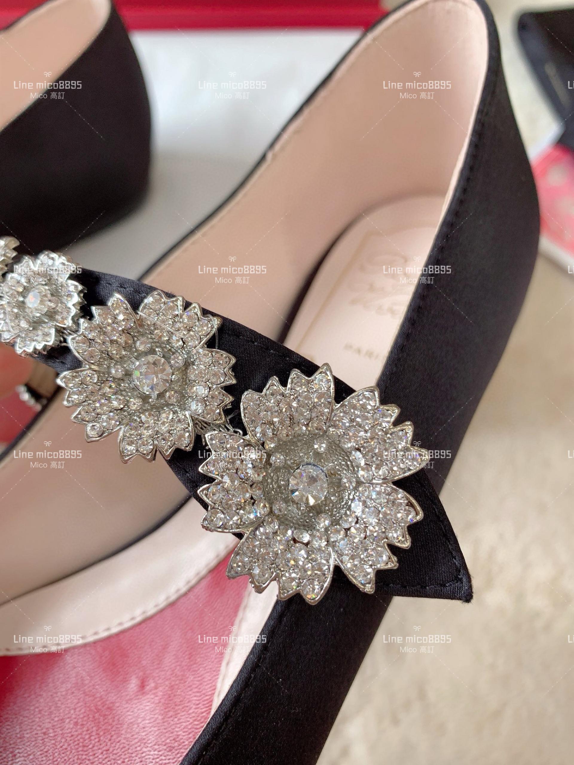 Roger Vivier | RV 黑色真絲 花朵鑽釦真絲平底鞋 34-40
