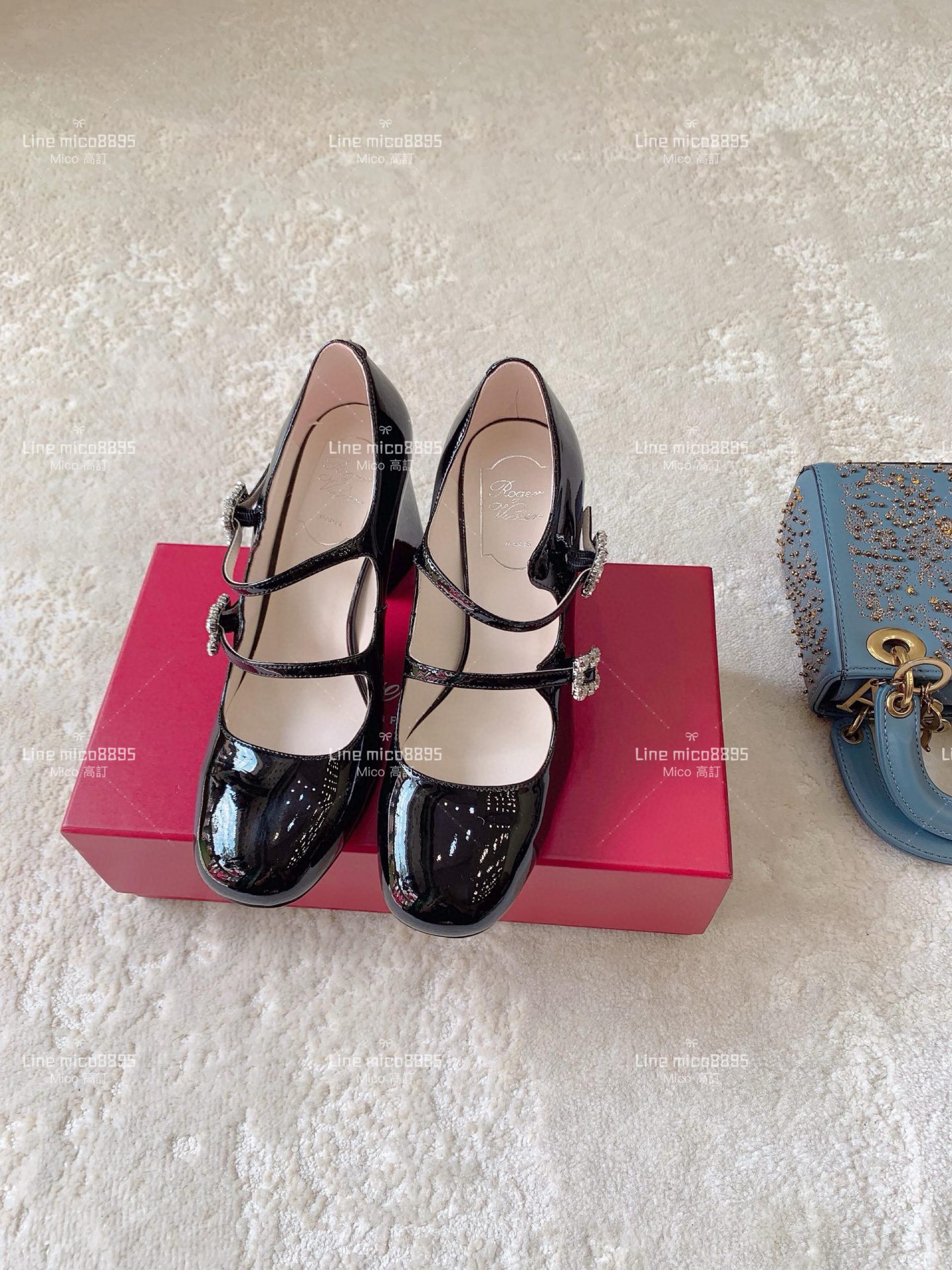 Roger Vivier | RV 雙綁帶設計 水鑽釦 黑色漆皮瑪麗珍圓頭高跟娃娃鞋 34-40 8.5cm