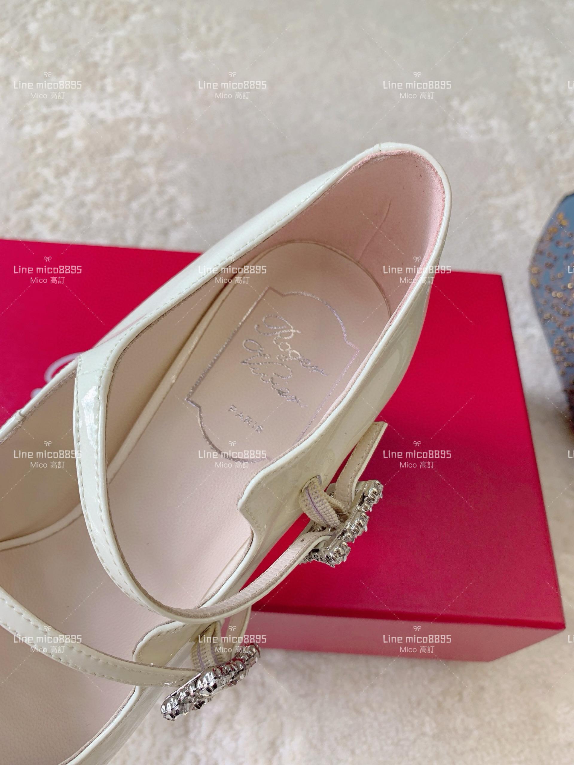 Roger Vivier | RV 雙綁帶設計 水鑽釦 白色漆皮瑪麗珍圓頭高跟娃娃鞋 34-40 8.5cm