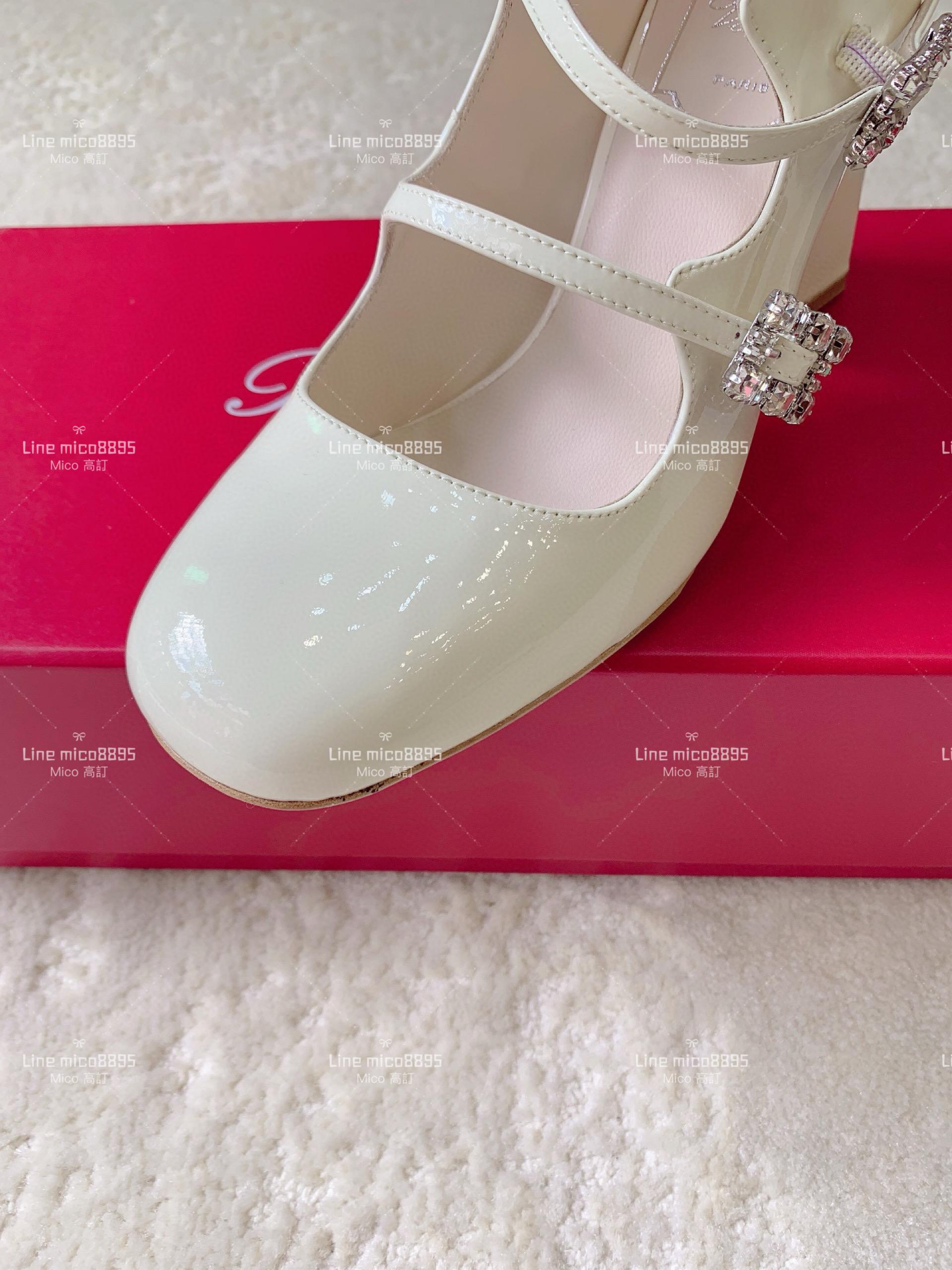 Roger Vivier | RV 雙綁帶設計 水鑽釦 白色漆皮瑪麗珍圓頭高跟娃娃鞋 34-40 8.5cm