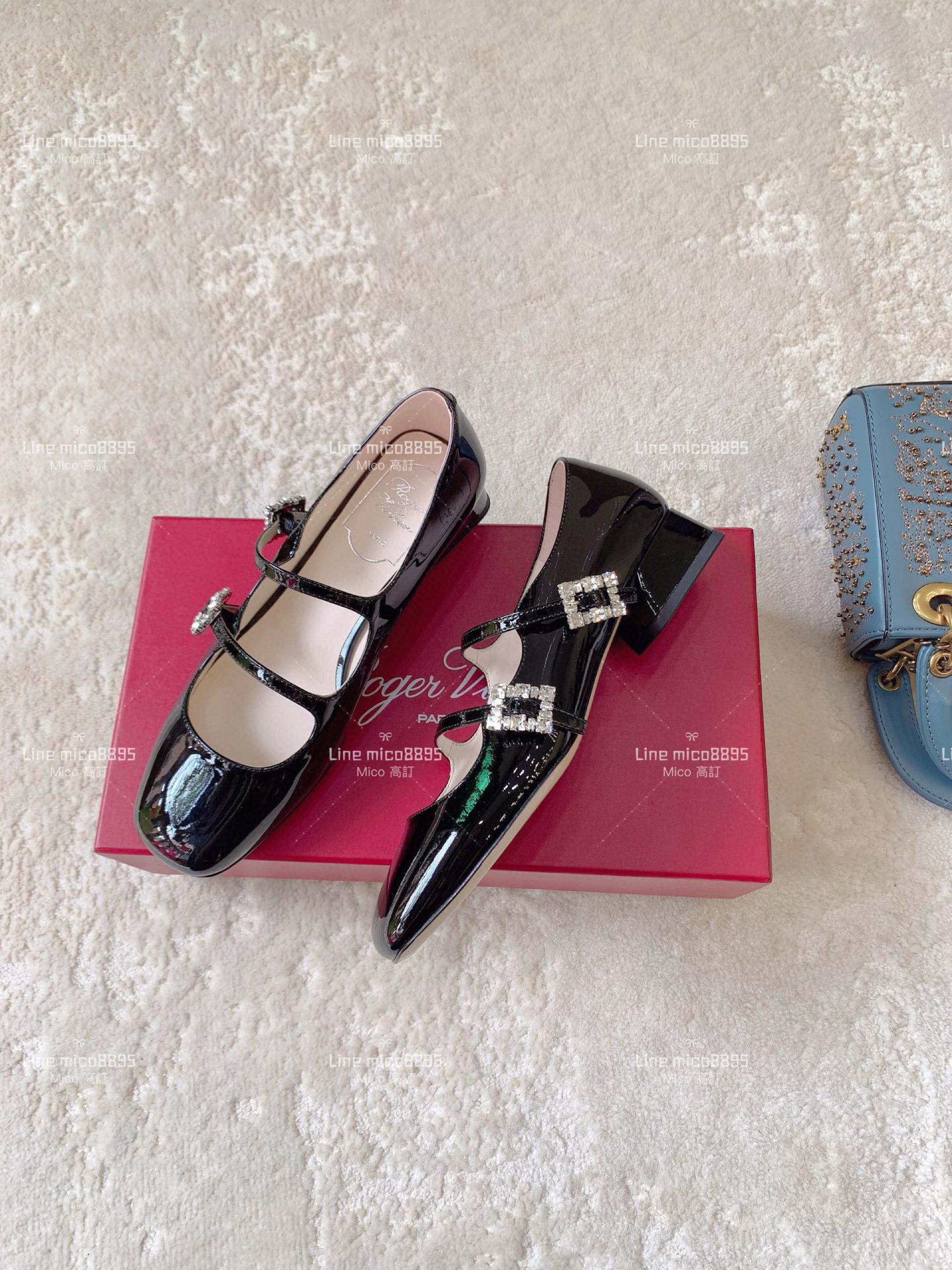 Roger Vivier | RV 雙綁帶設計 水鑽釦 低跟黑色漆皮瑪麗珍圓頭娃娃鞋 34-40 2.5cm