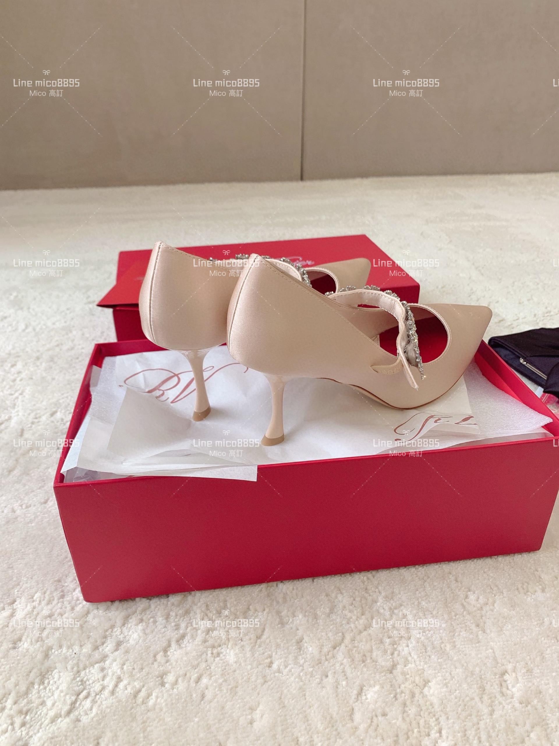 Roger Vivier | RV 杏色真絲 花朵鑽釦高跟鞋 34-40 8.5cm