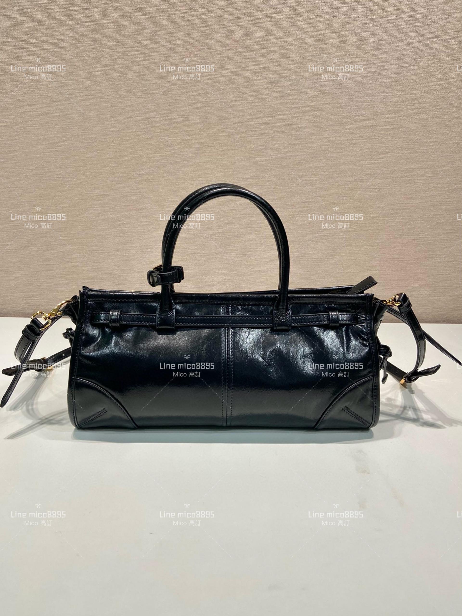 PRADA 復古圓桶包 LusSolf 黑色油臘皮 可手提斜跨包 32cm