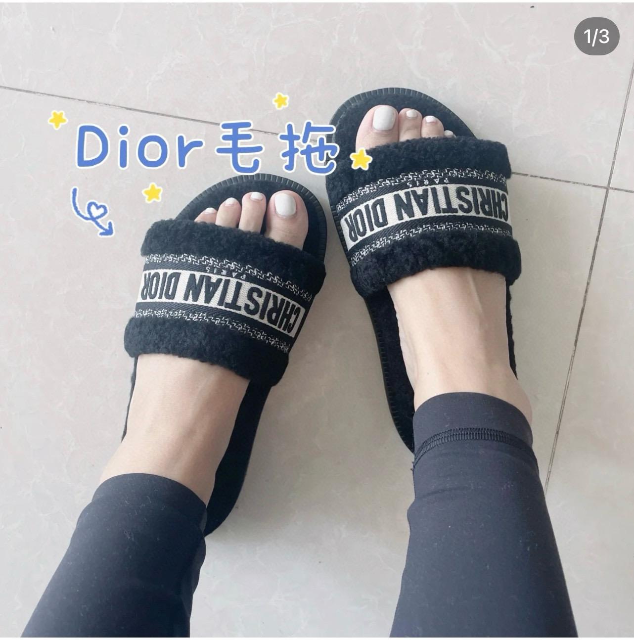 Dior 秋冬款 刺繡圖騰毛毛拖鞋 黑色款 居家拖鞋 室內拖鞋 35-39