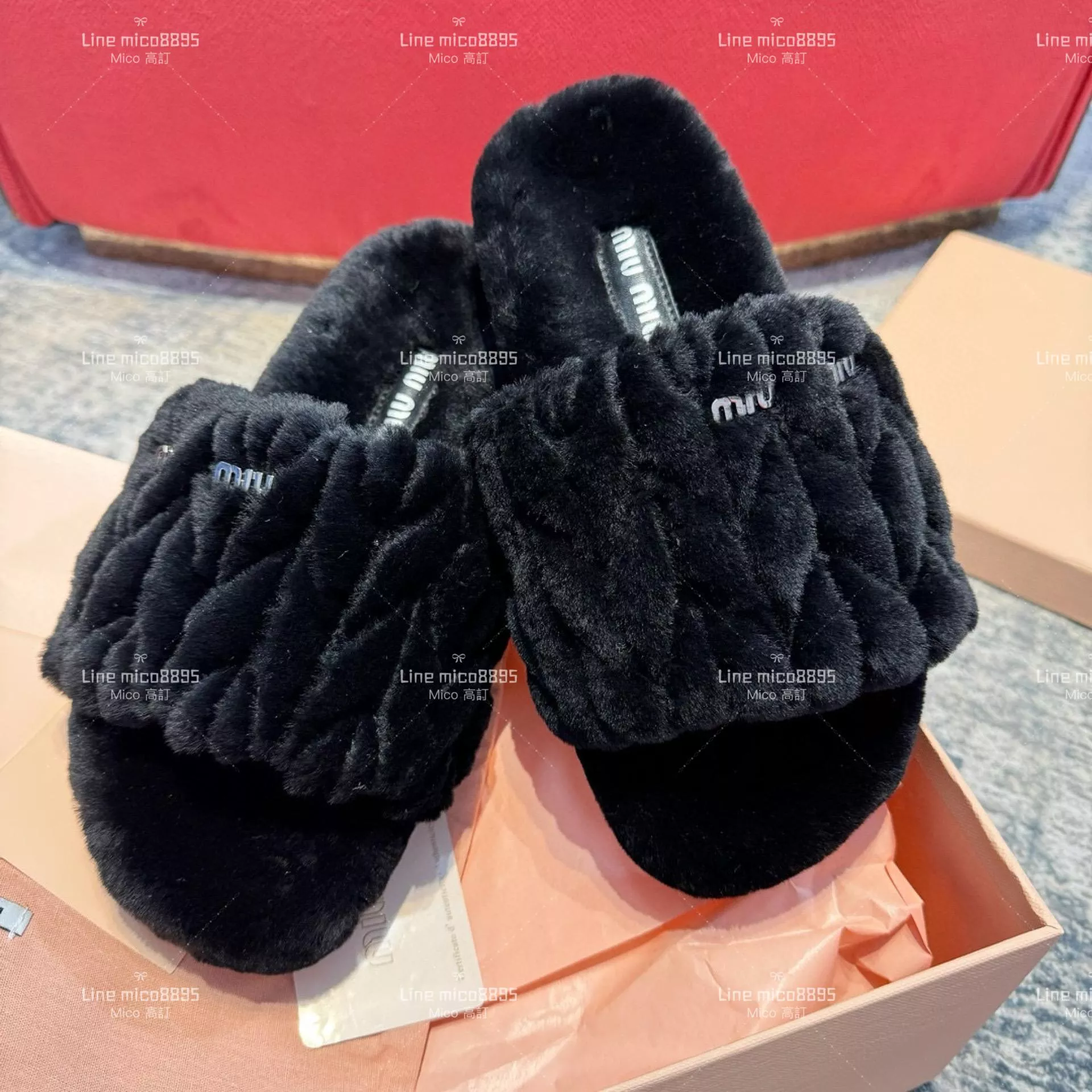 Miu miu 秋冬新品 字母羊毛拖鞋 黑色 純皮毛一體羔羊毛拖鞋 毛毛拖 35-39