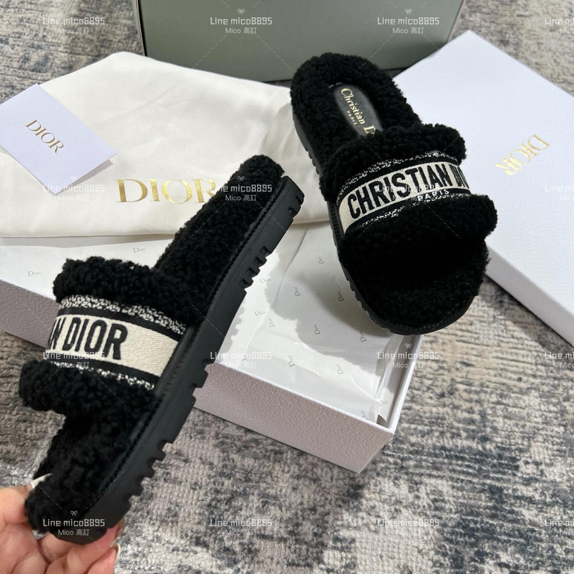 Dior 秋冬款 刺繡圖騰毛毛拖鞋 黑色款 居家拖鞋 室內拖鞋 35-39