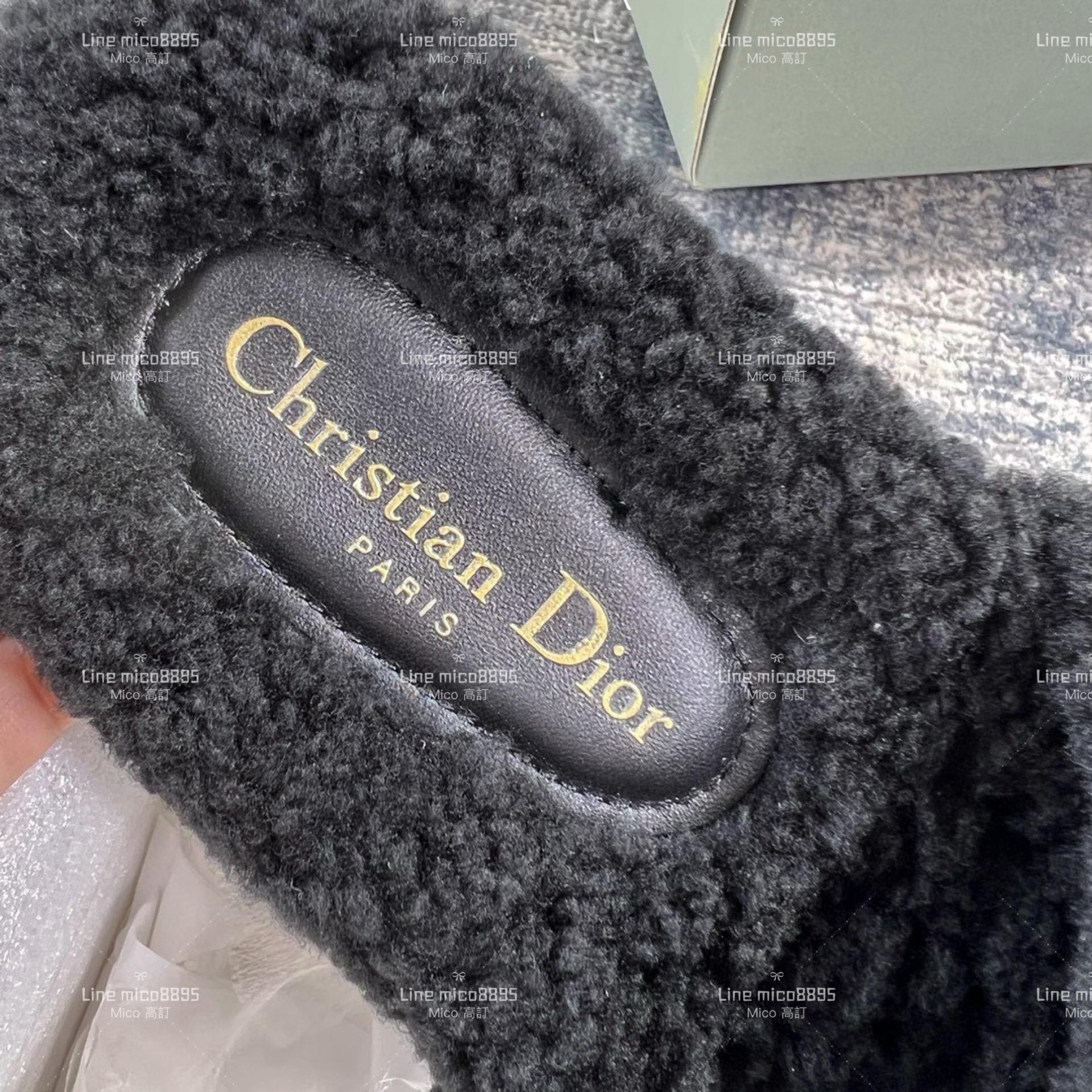 Dior 秋冬款 刺繡圖騰毛毛拖鞋 黑色款 居家拖鞋 室內拖鞋 35-39