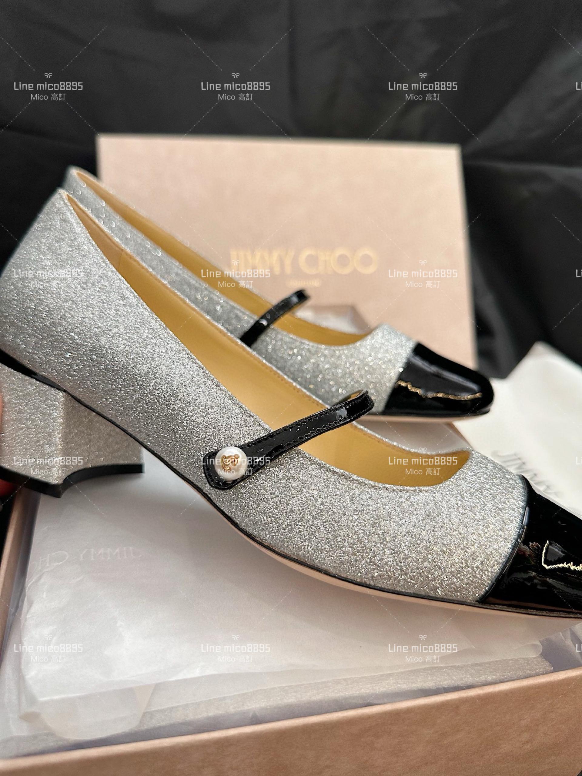 JIMMY CHOO 閃銀格莉特拼黑色漆皮 瑪莉珍跟鞋 娃娃鞋 4..5cm 35-40