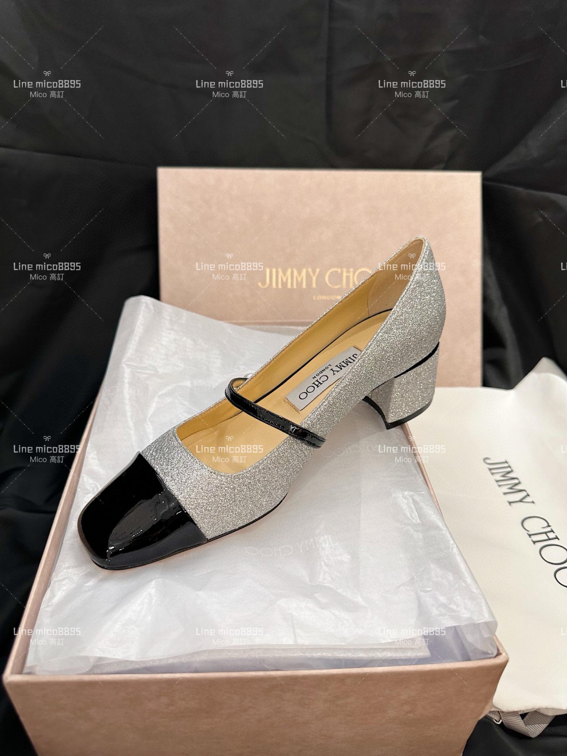 JIMMY CHOO 閃銀格莉特拼黑色漆皮 瑪莉珍跟鞋 娃娃鞋 4..5cm 35-40