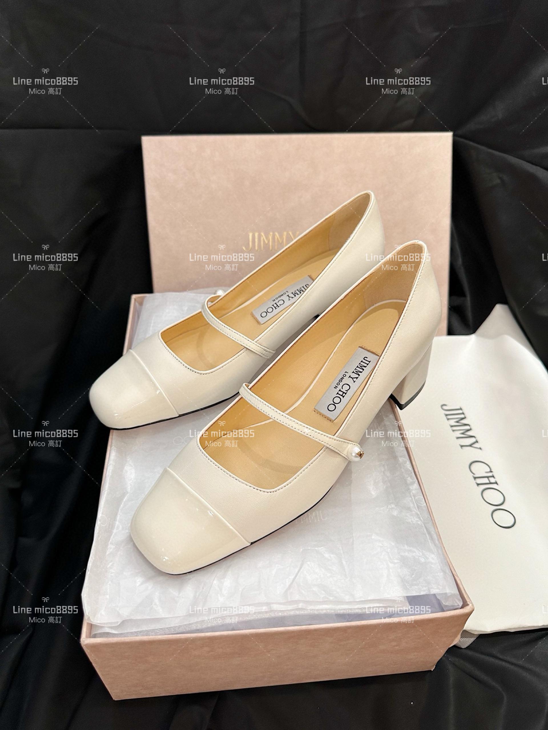 JIMMY CHOO 白色皮革拼漆皮 瑪莉珍跟鞋 娃娃鞋 4..5cm 35-40