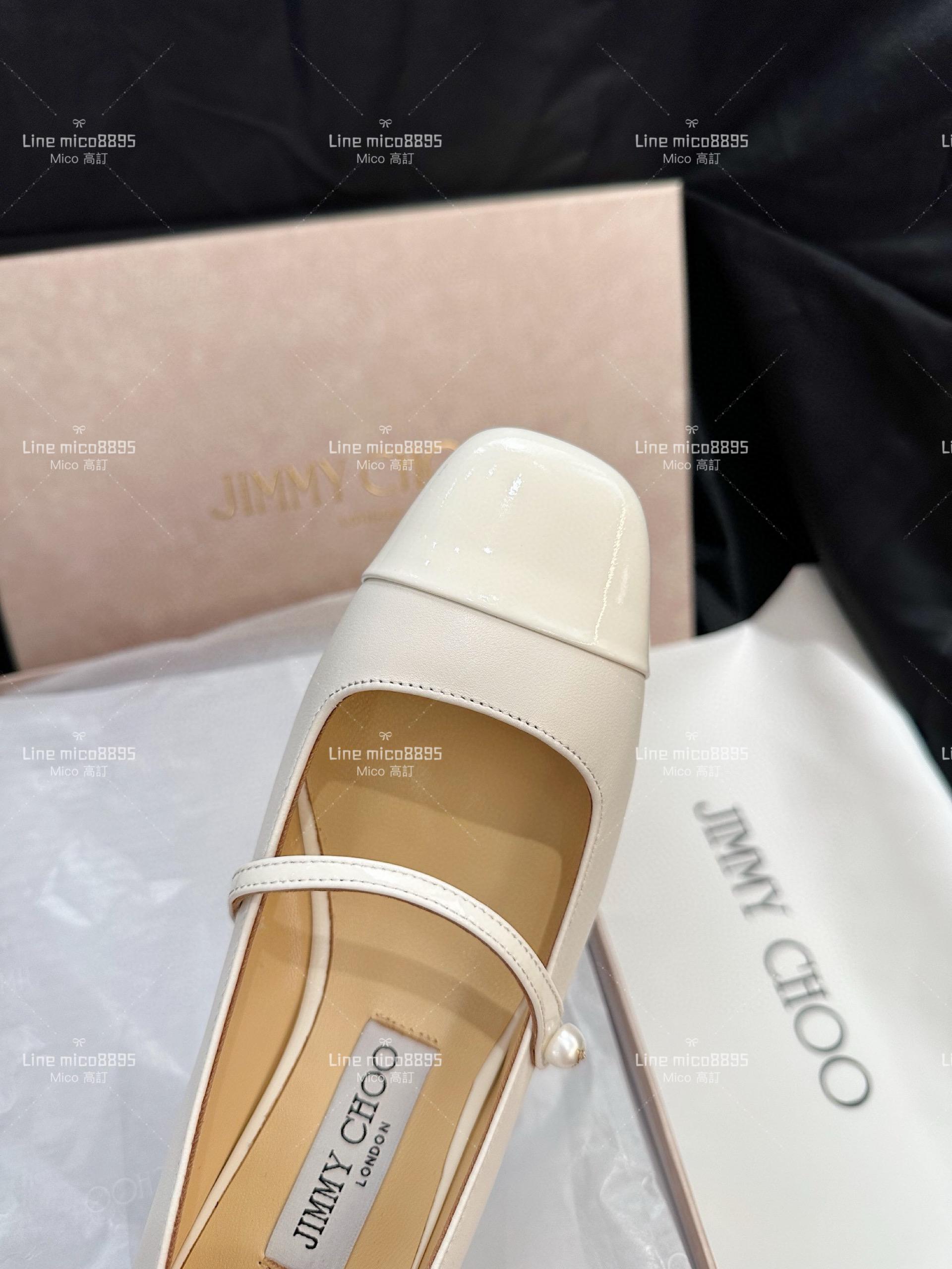 JIMMY CHOO 白色皮革拼漆皮 瑪莉珍跟鞋 娃娃鞋 4..5cm 35-40